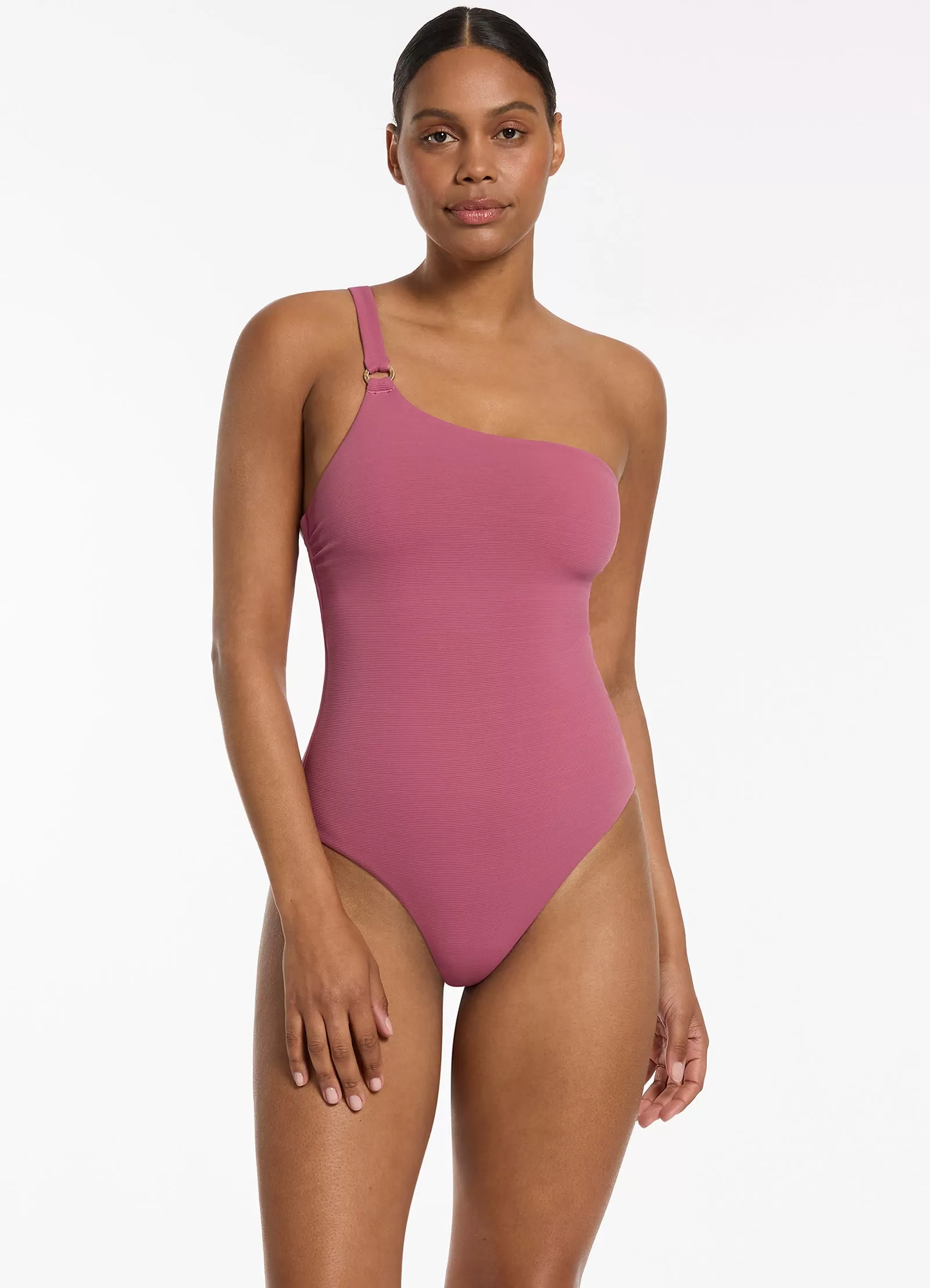 Isla Rib One Shoulder One Piece - Mauve