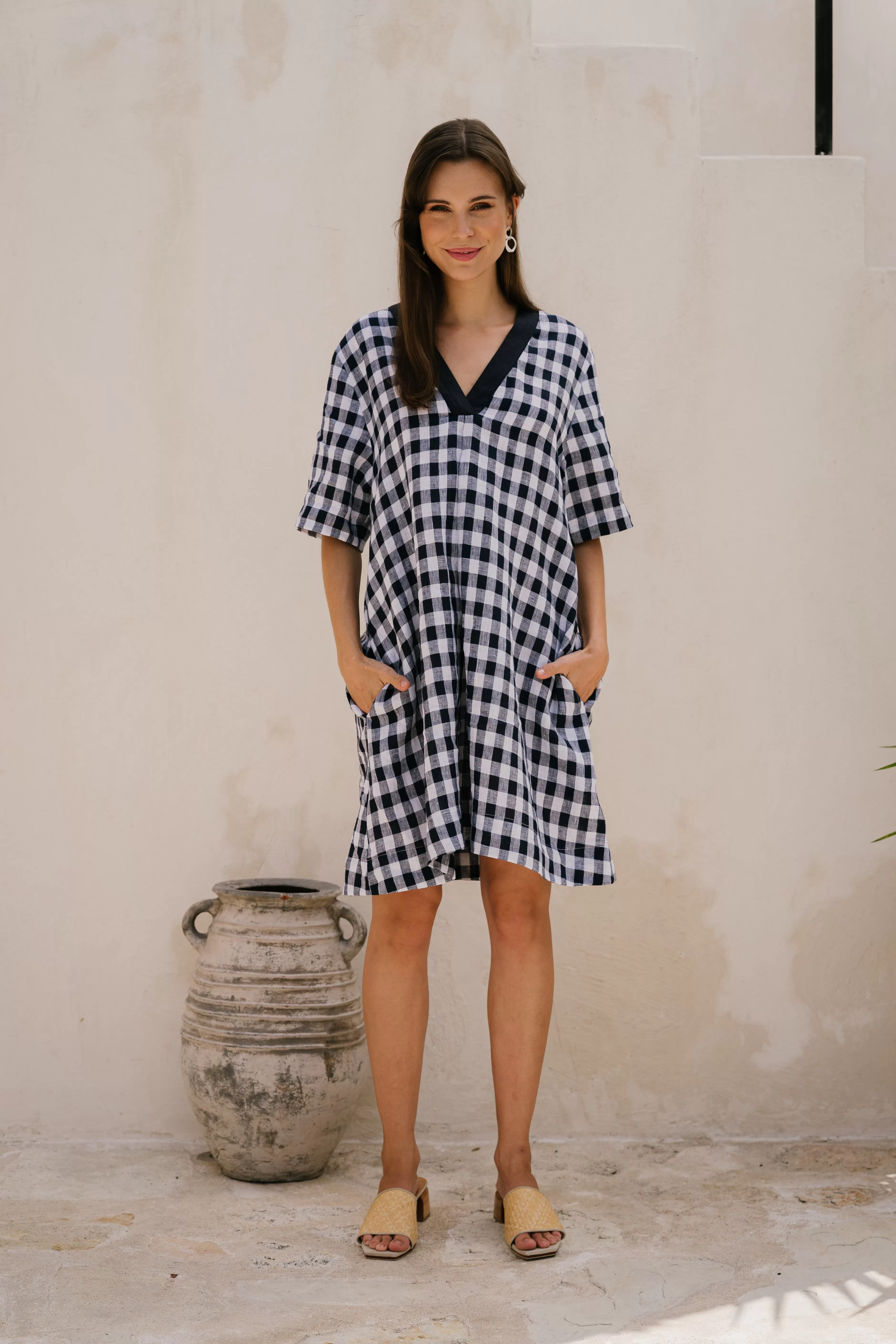 Kora A-Line Linen Dress in Treviso Navy