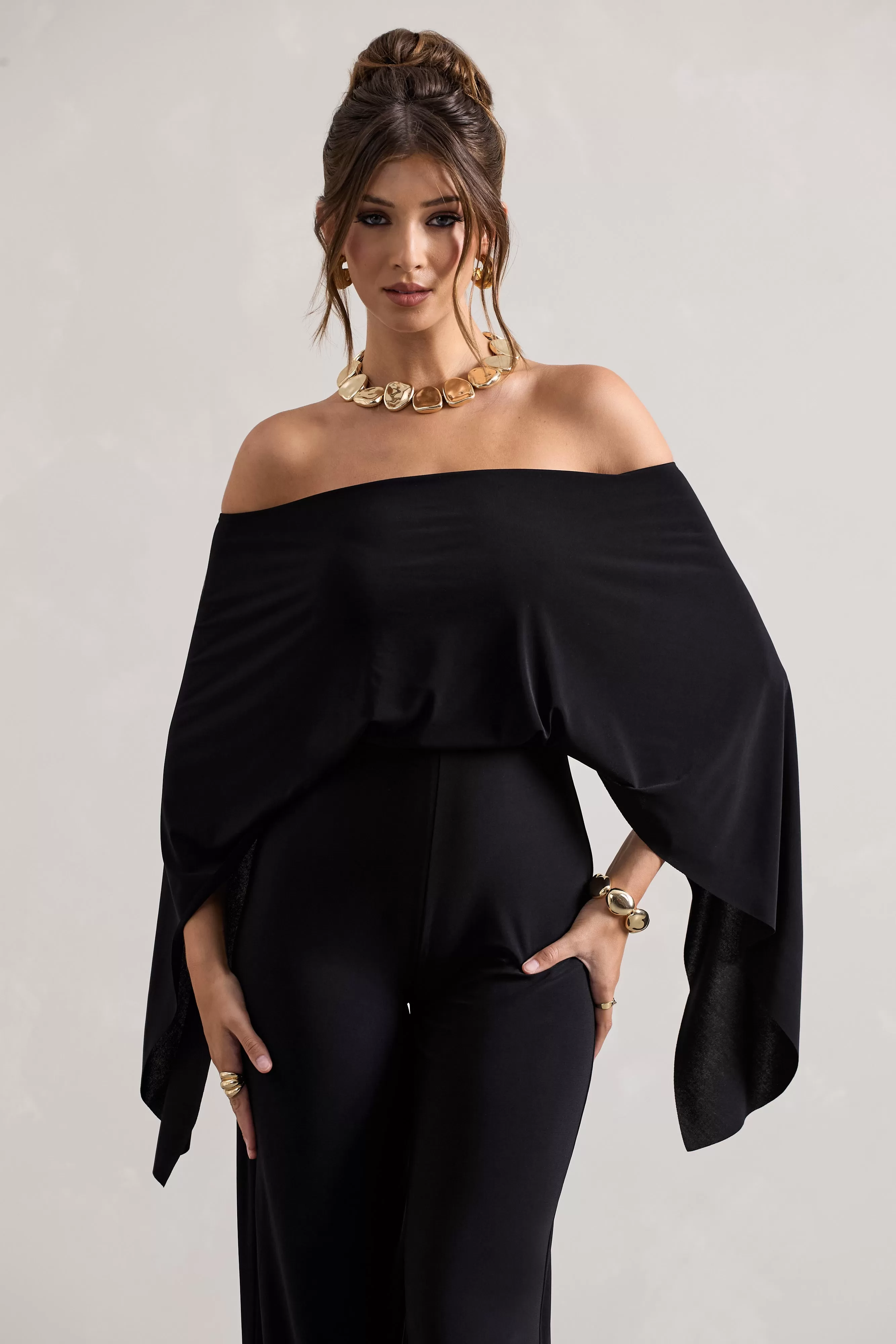 Kori | Black Bardot Straight-Leg Jumpsuit With Cape