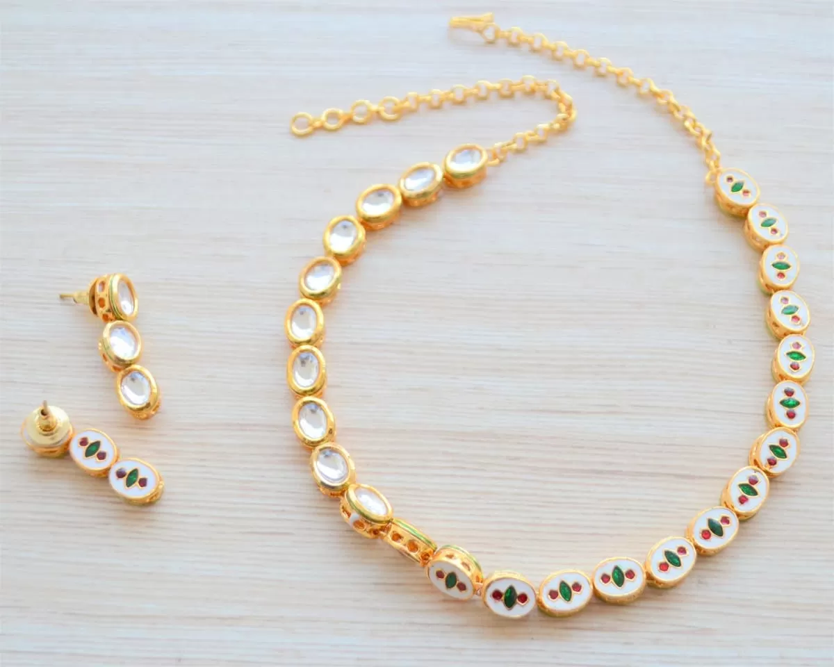 Kundan Choker Necklace Earring Set, Indian Punjabi Rajasthani Wedding Jewelry