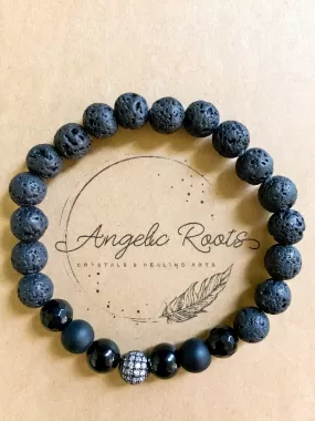 Lava, Black Onyx and Micro Pave CZ Bead Bracelet || Reiki Infused