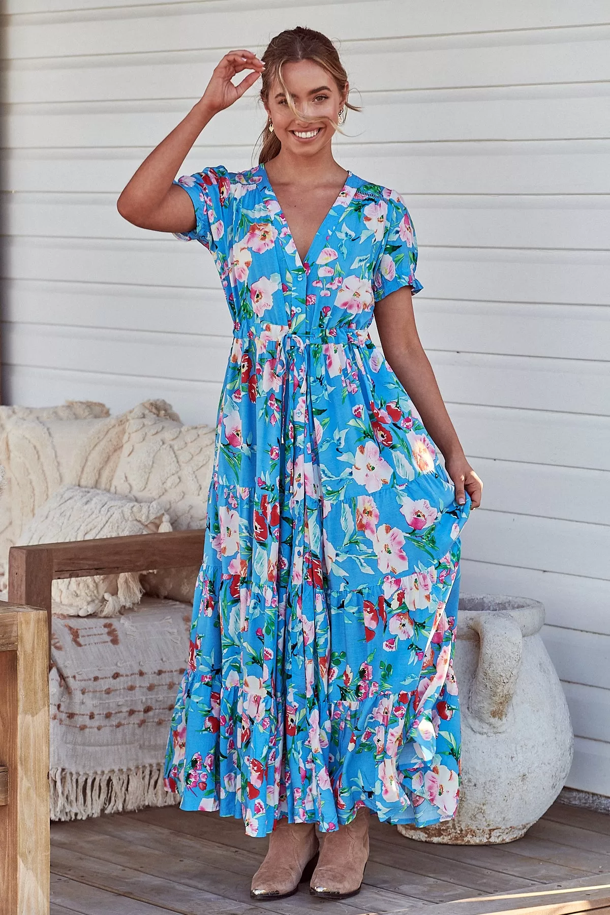 Leona Maxi Dress - Sky Blue/Pink