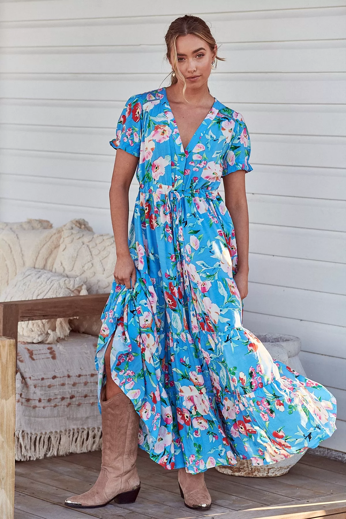 Leona Maxi Dress - Sky Blue/Pink