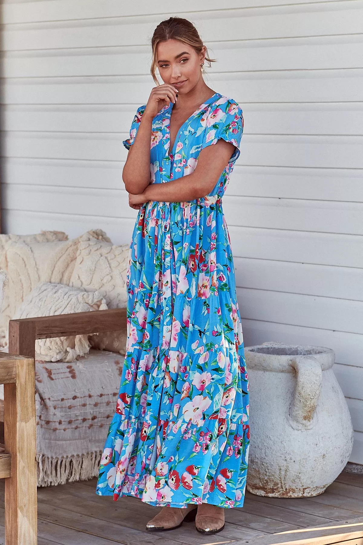 Leona Maxi Dress - Sky Blue/Pink