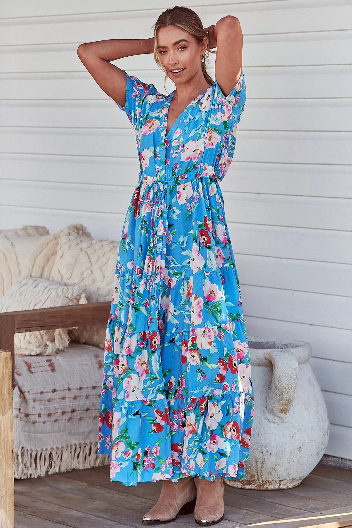 Leona Maxi Dress - Sky Blue/Pink