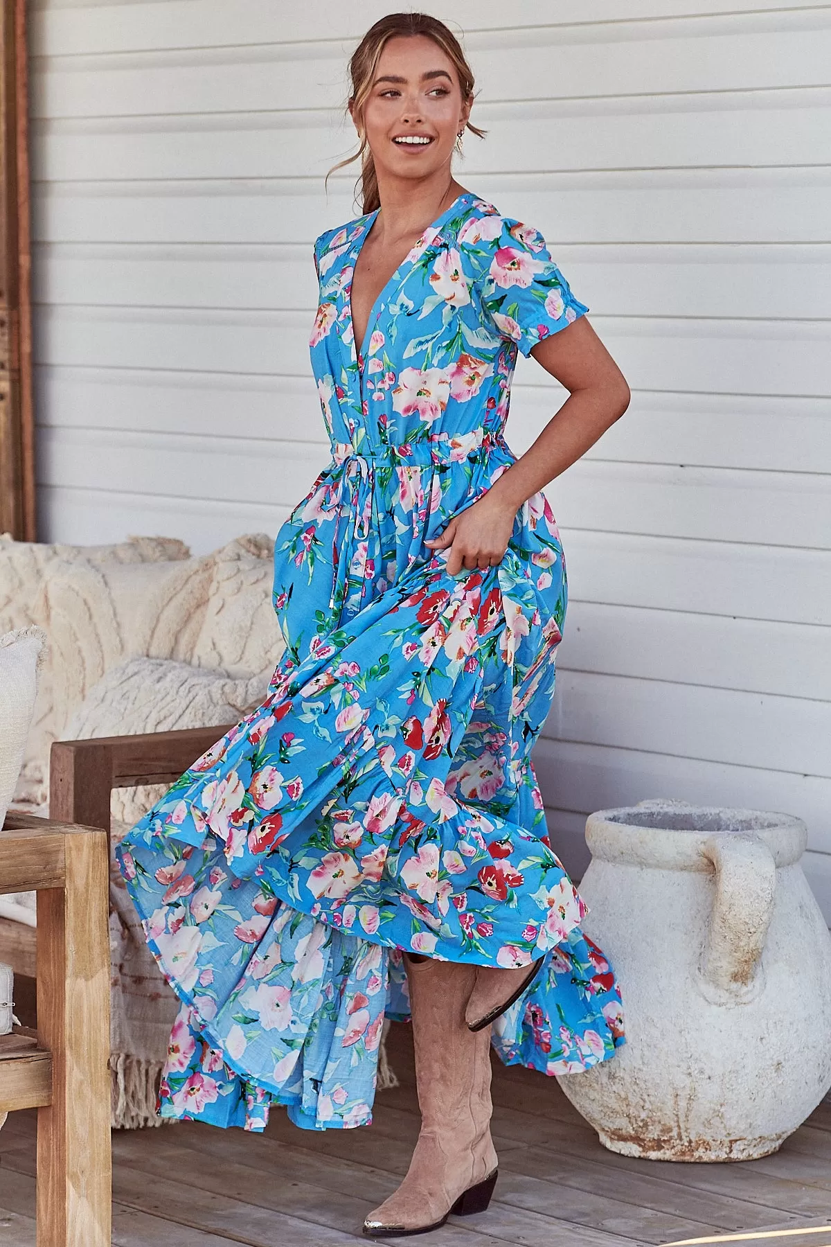 Leona Maxi Dress - Sky Blue/Pink