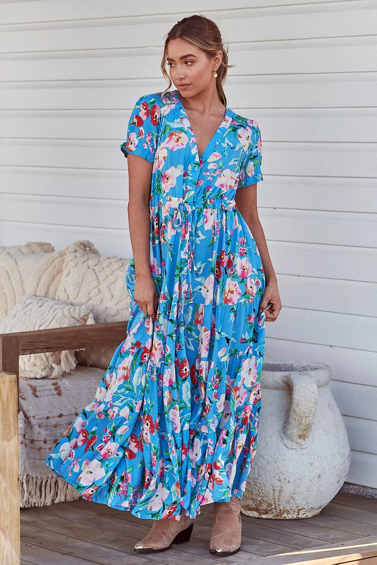 Leona Maxi Dress - Sky Blue/Pink