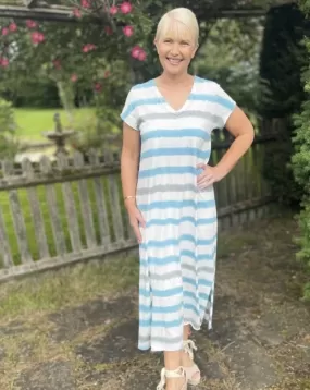 Long Striped Tie-Dye T-Shirt Dress - Cream/Charcoal Grey/Teal