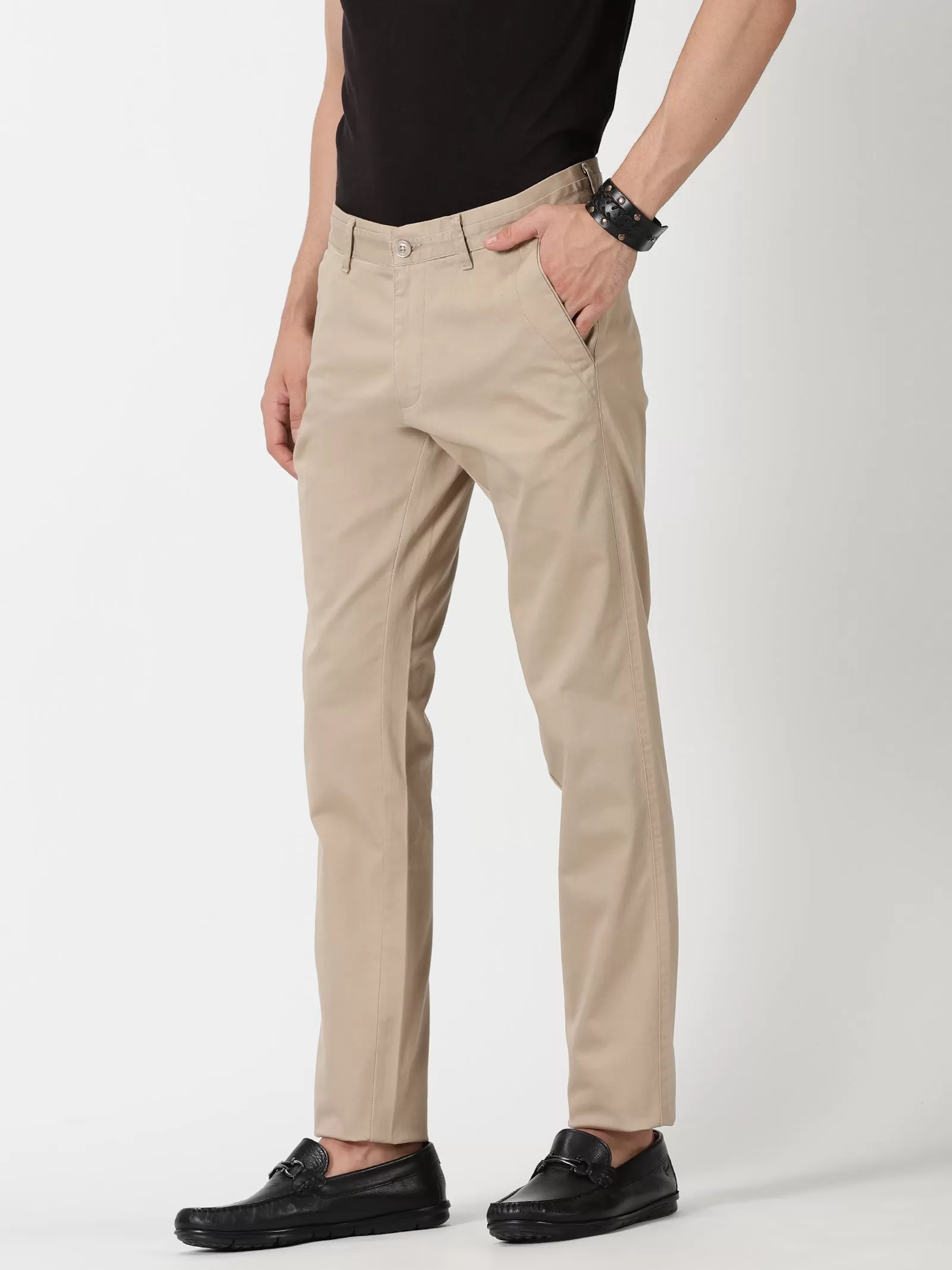 MEN'S BEIGE SOLID JASON FIT TROUSER