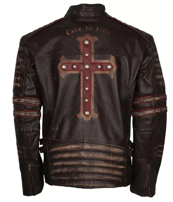 Mens Brown Vintage Motorcycle Cross Sign Leather Jacket