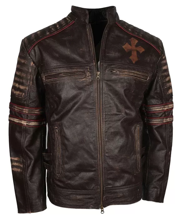 Mens Brown Vintage Motorcycle Cross Sign Leather Jacket