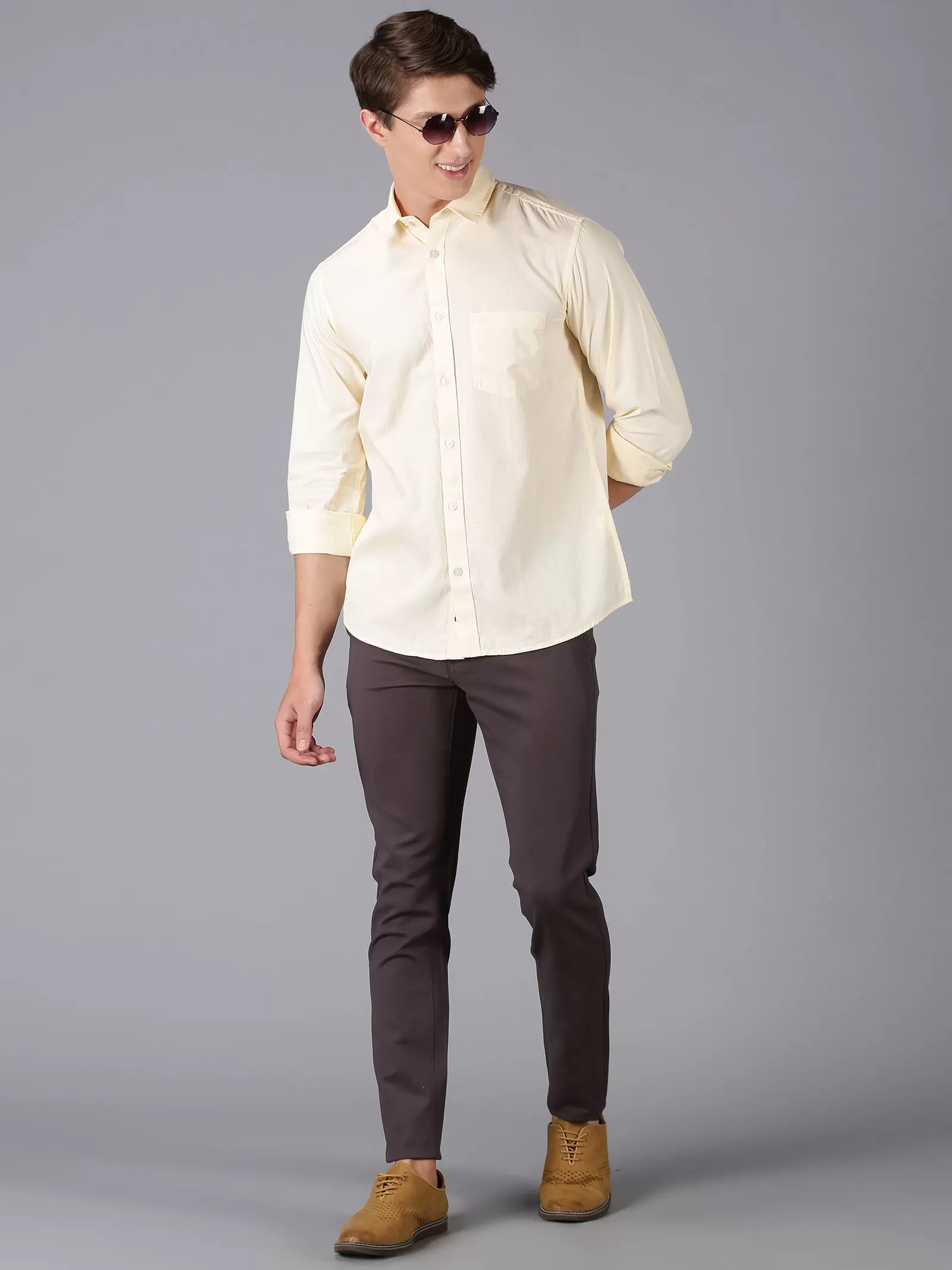 MEN'S CREAM SOLID SLIM FIT SHIRT