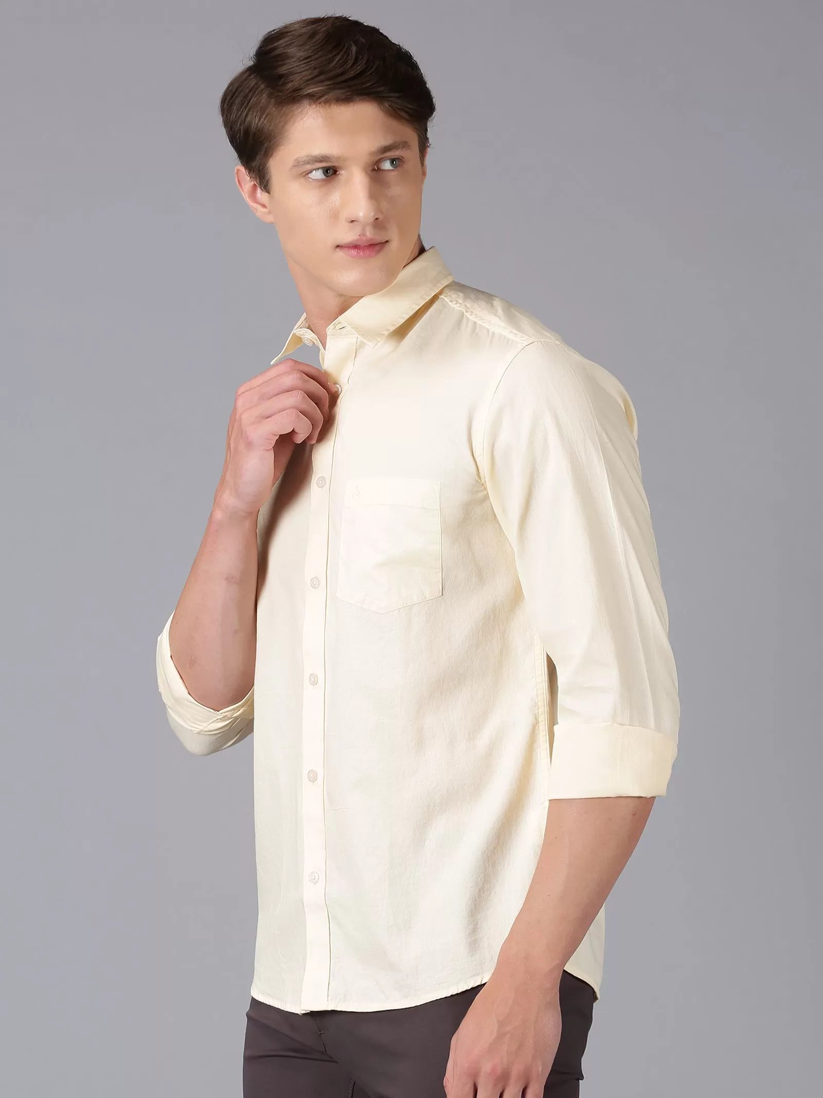 MEN'S CREAM SOLID SLIM FIT SHIRT