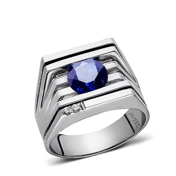 Men's Heavy Solid Silver Ring Round Cut Gemstone and 2 Diamonds