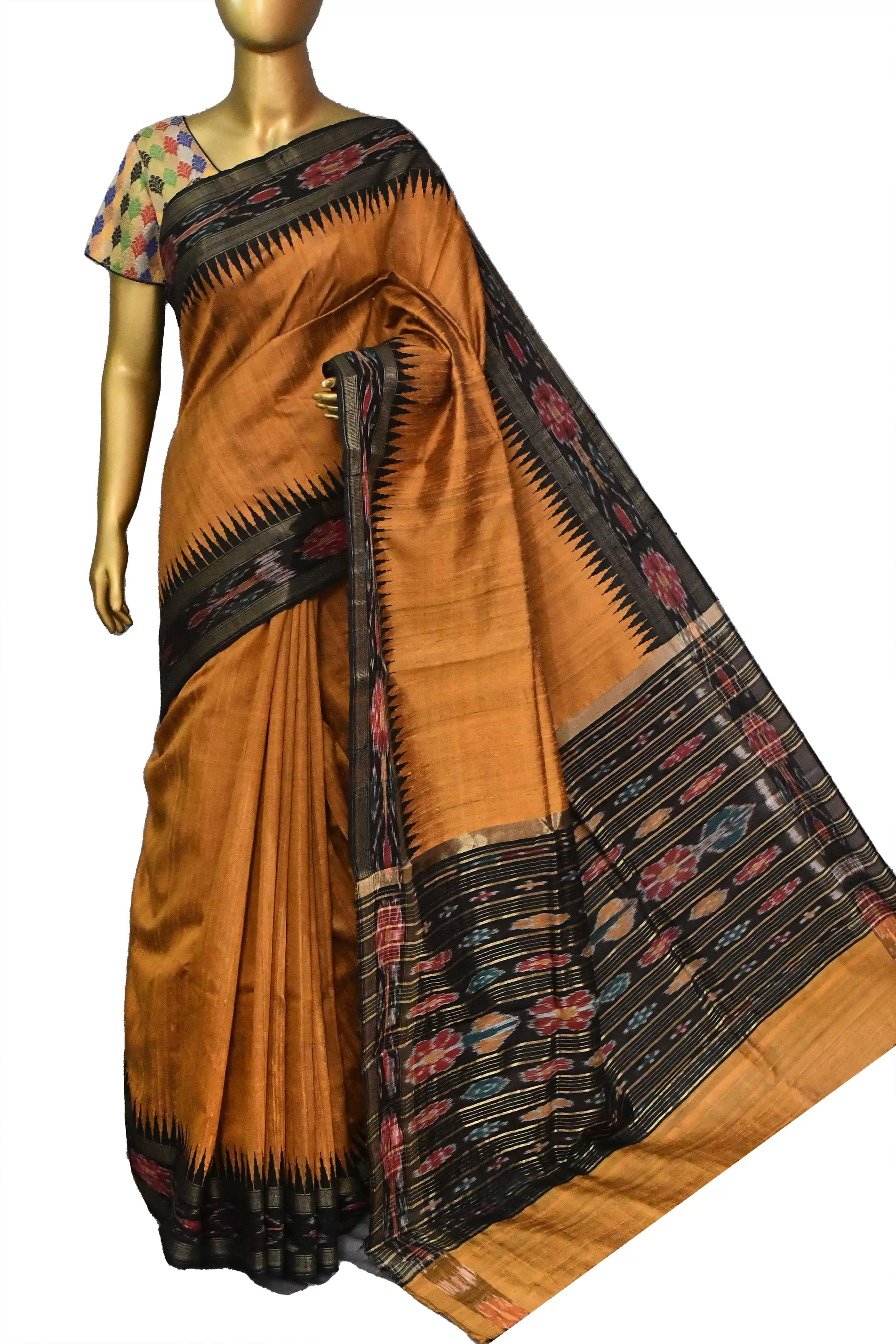 Mustard Brown Color Pure Raw Silk with Sambalpuri Border