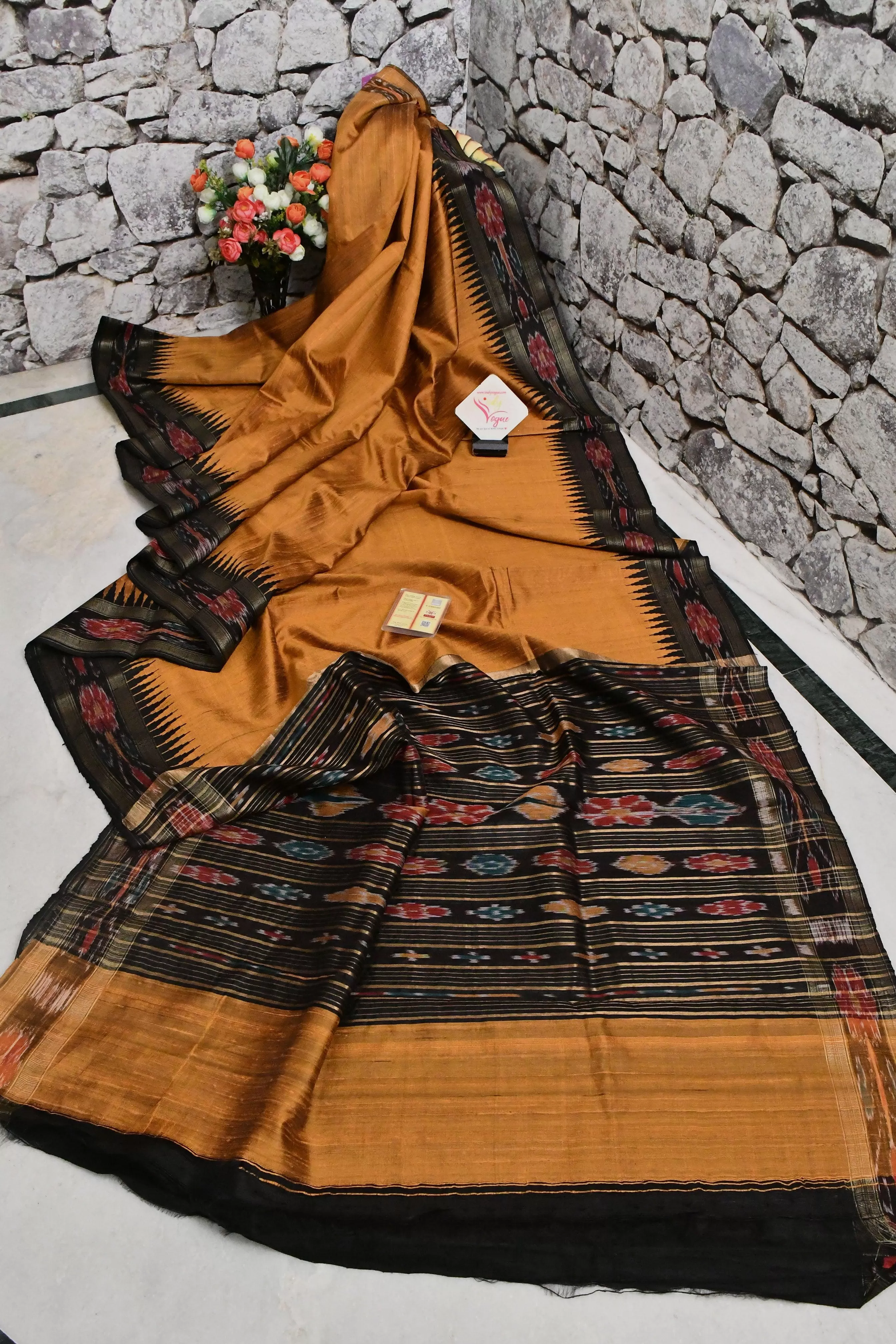 Mustard Brown Color Pure Raw Silk with Sambalpuri Border