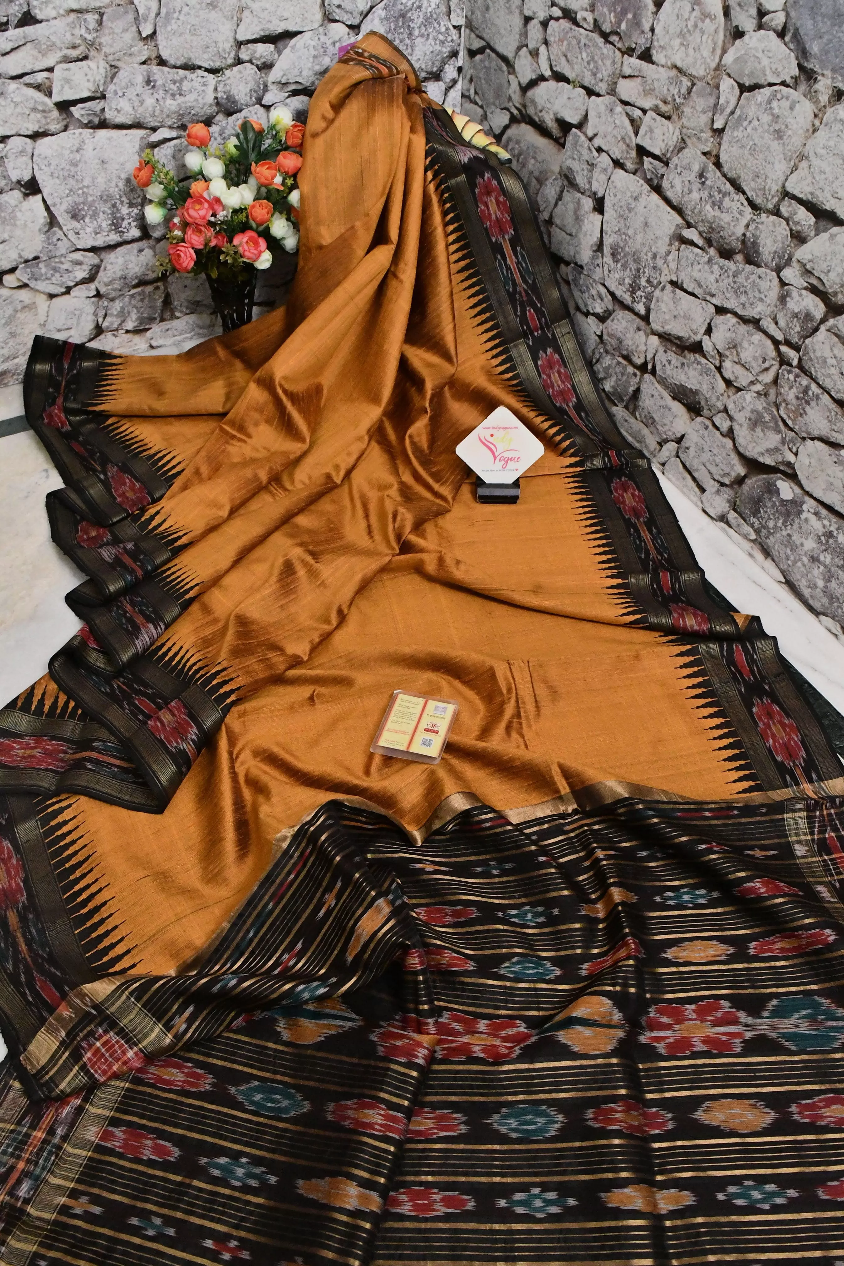 Mustard Brown Color Pure Raw Silk with Sambalpuri Border