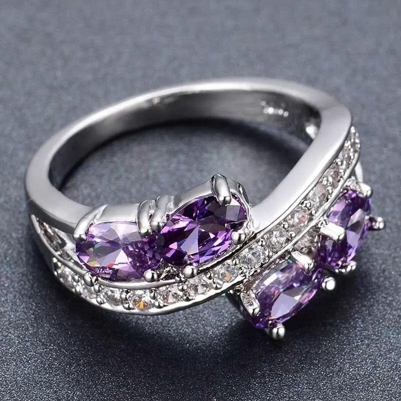 Natural Amethyst Geometric Ring - 925 Sterling Silver