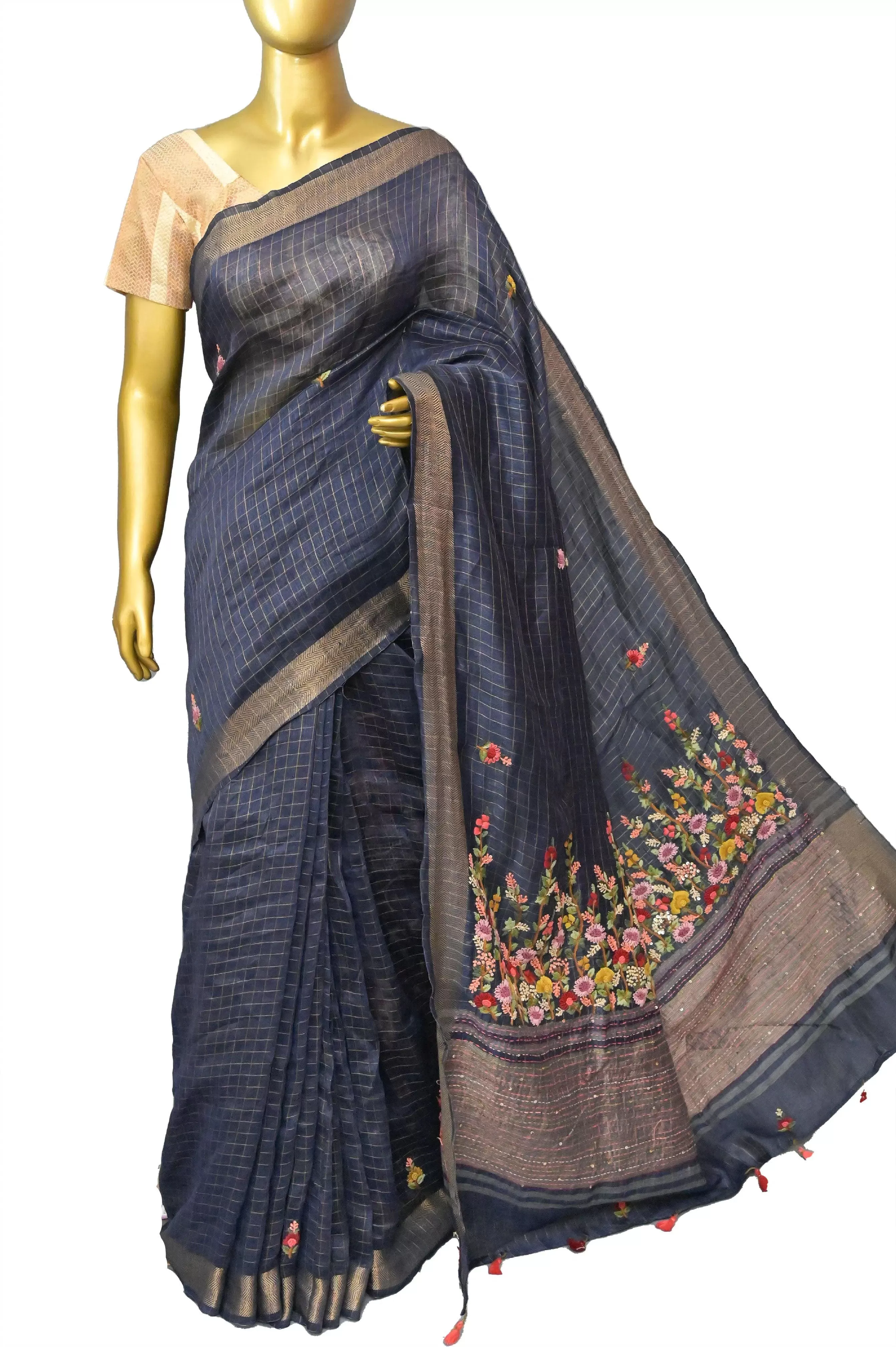 Navy Blue Color Pure Linen Silk with Zari Check and French Knot with Hand Parsi and Kantha Embroidery