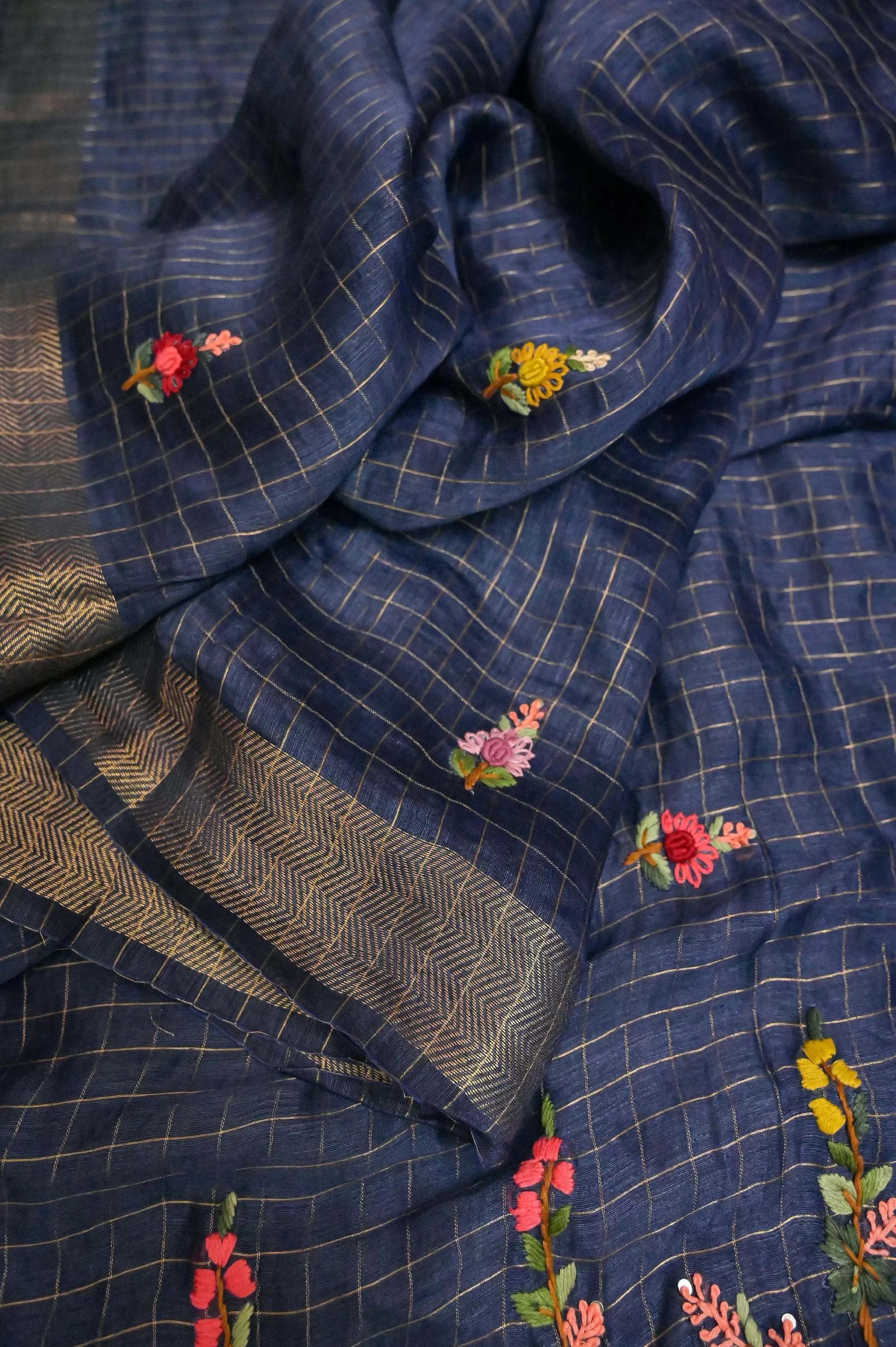 Navy Blue Color Pure Linen Silk with Zari Check and French Knot with Hand Parsi and Kantha Embroidery