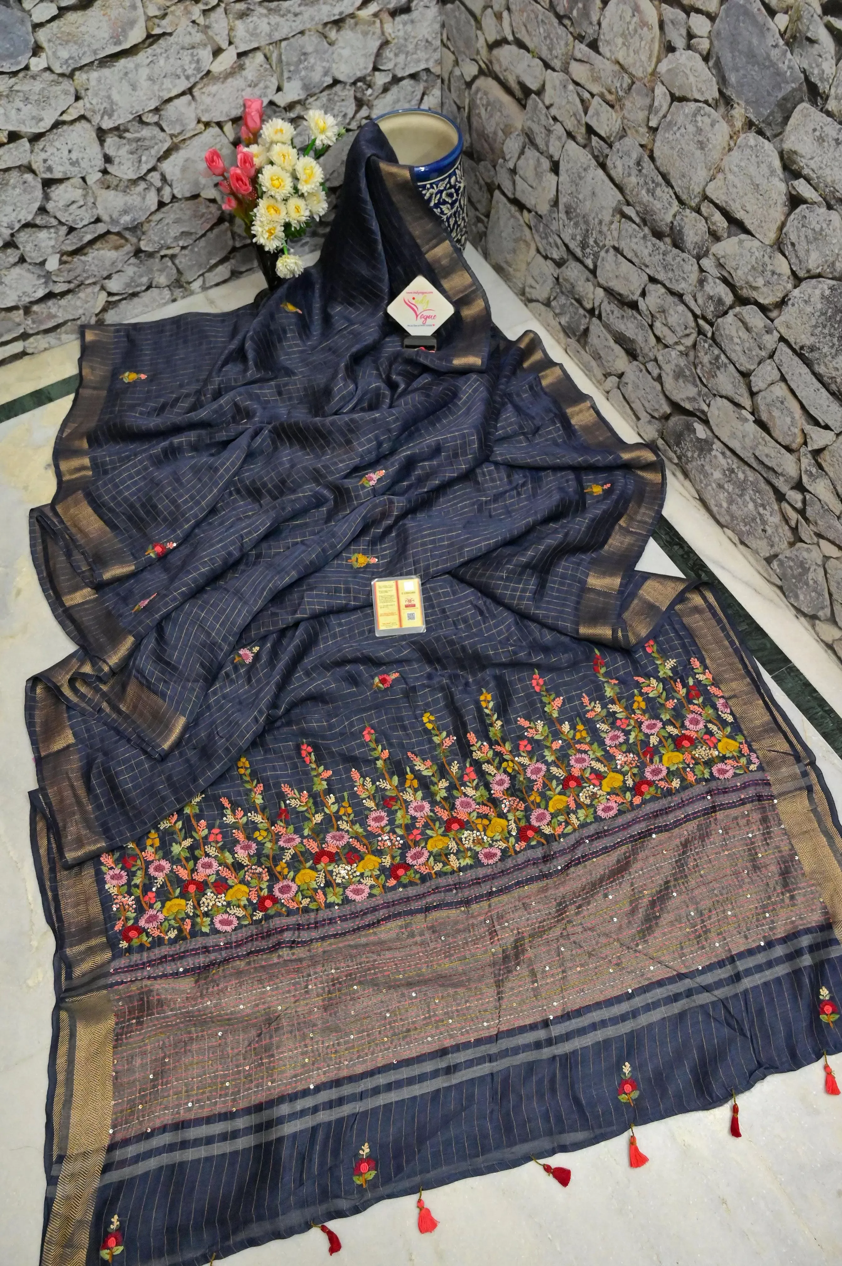 Navy Blue Color Pure Linen Silk with Zari Check and French Knot with Hand Parsi and Kantha Embroidery