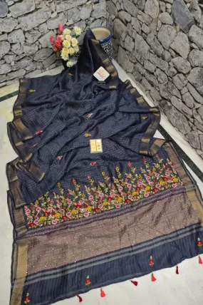 Navy Blue Color Pure Linen Silk with Zari Check and French Knot with Hand Parsi and Kantha Embroidery