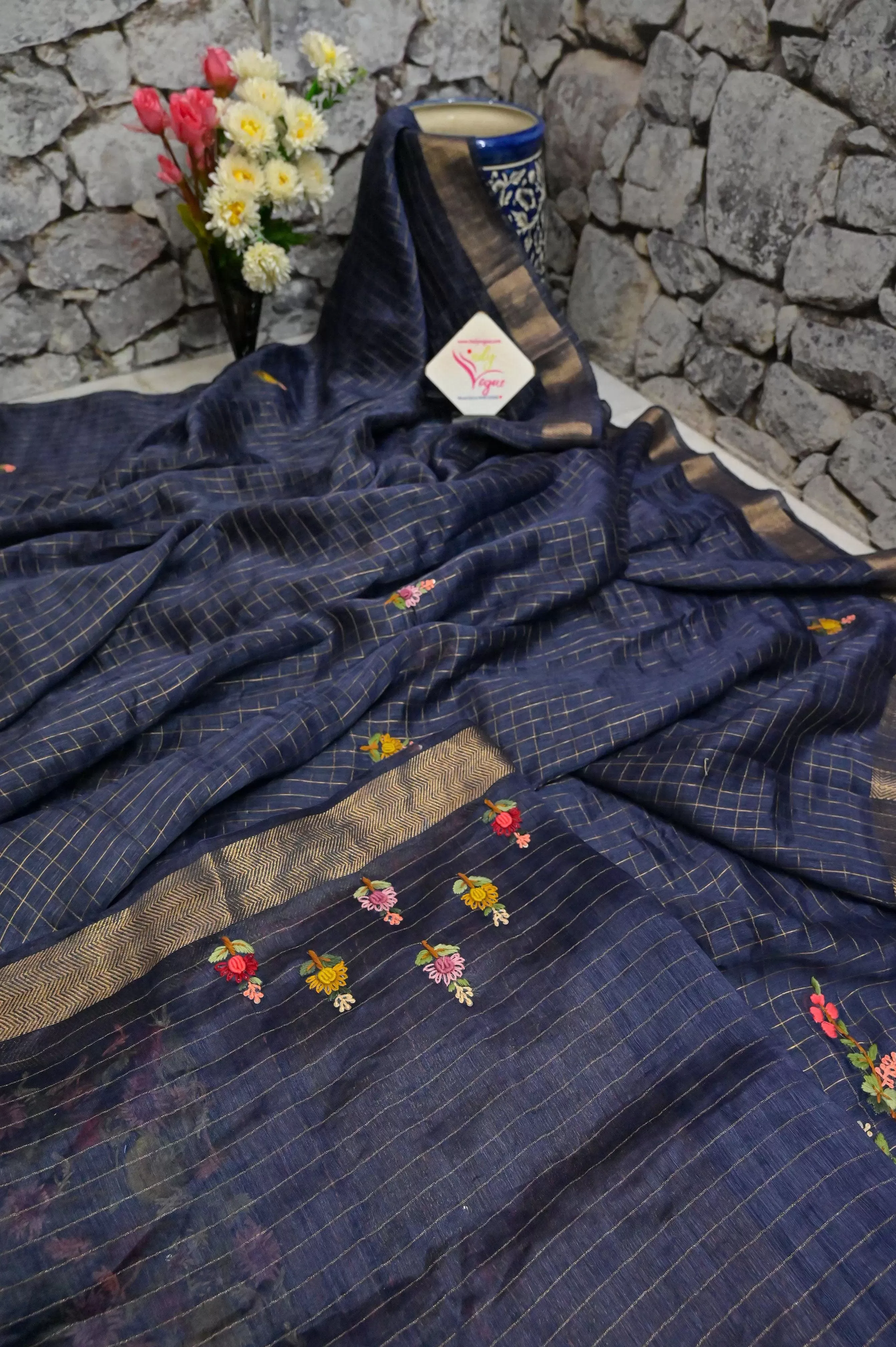 Navy Blue Color Pure Linen Silk with Zari Check and French Knot with Hand Parsi and Kantha Embroidery