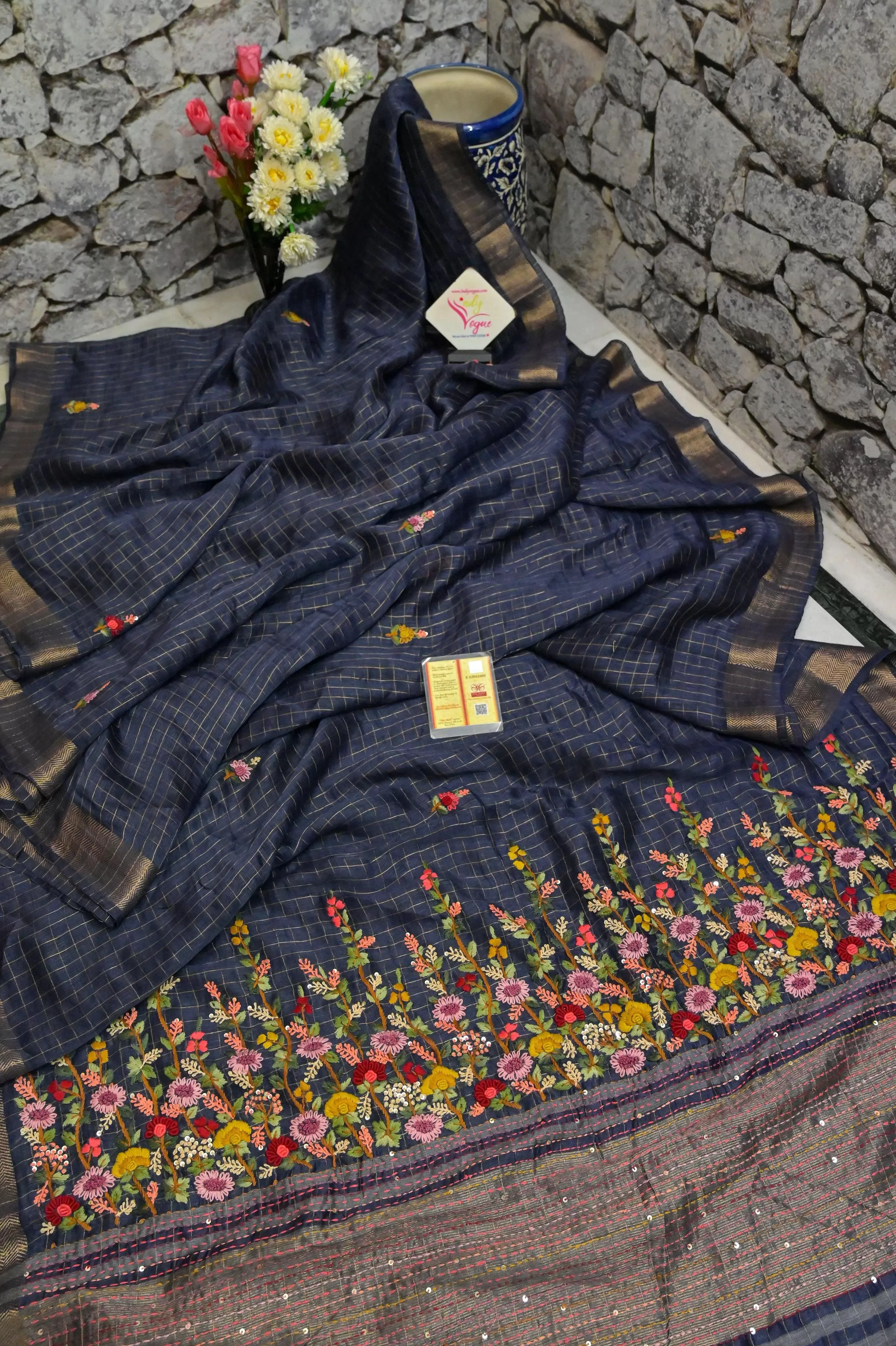 Navy Blue Color Pure Linen Silk with Zari Check and French Knot with Hand Parsi and Kantha Embroidery