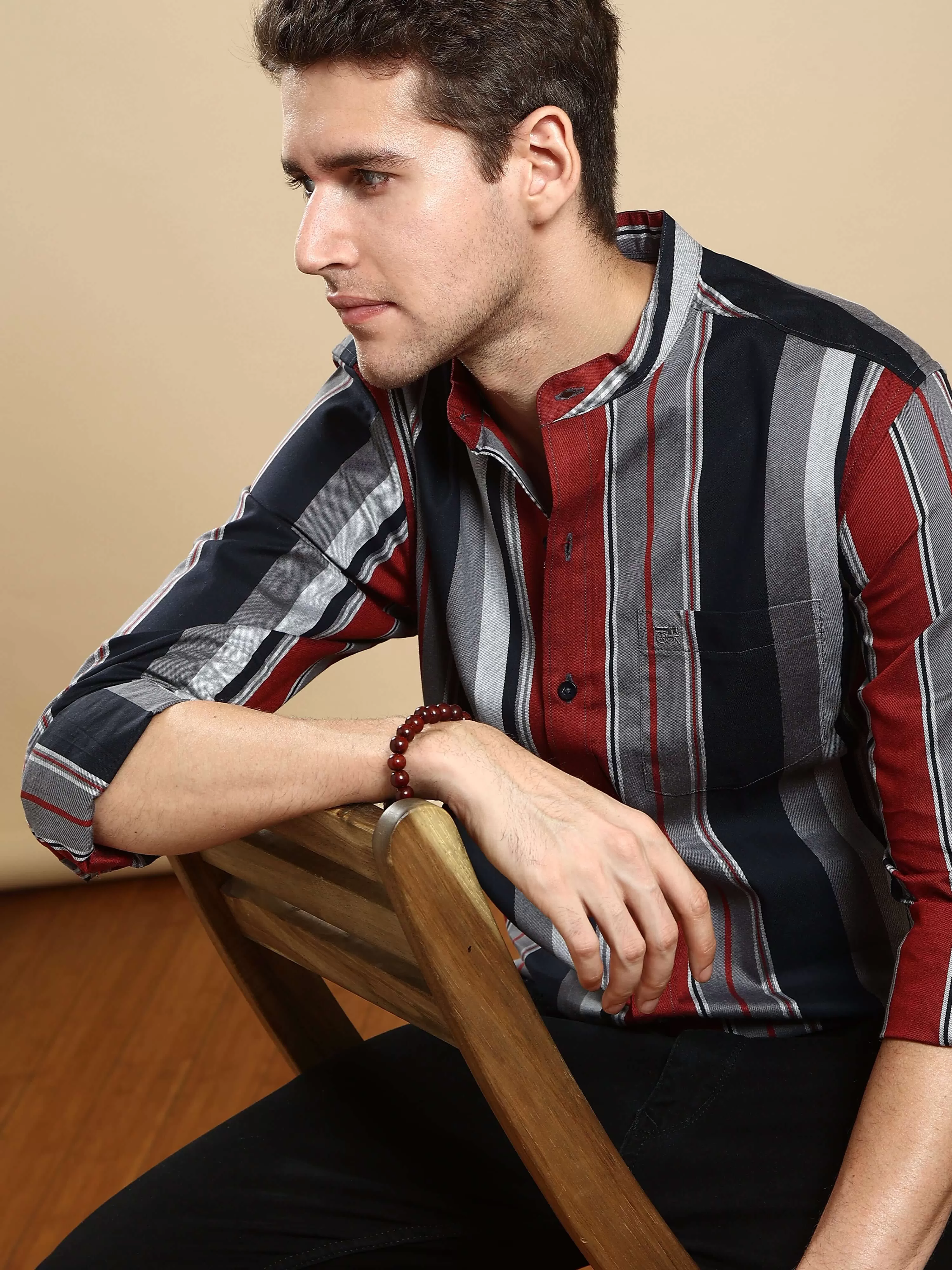 Navy blue striped full sleeves shirt