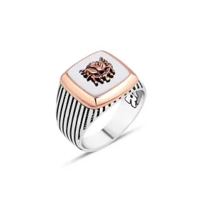 Ottoman Coat of Arms on White Square Onyx Stone Silver Men's Ring with Stripe Pattern