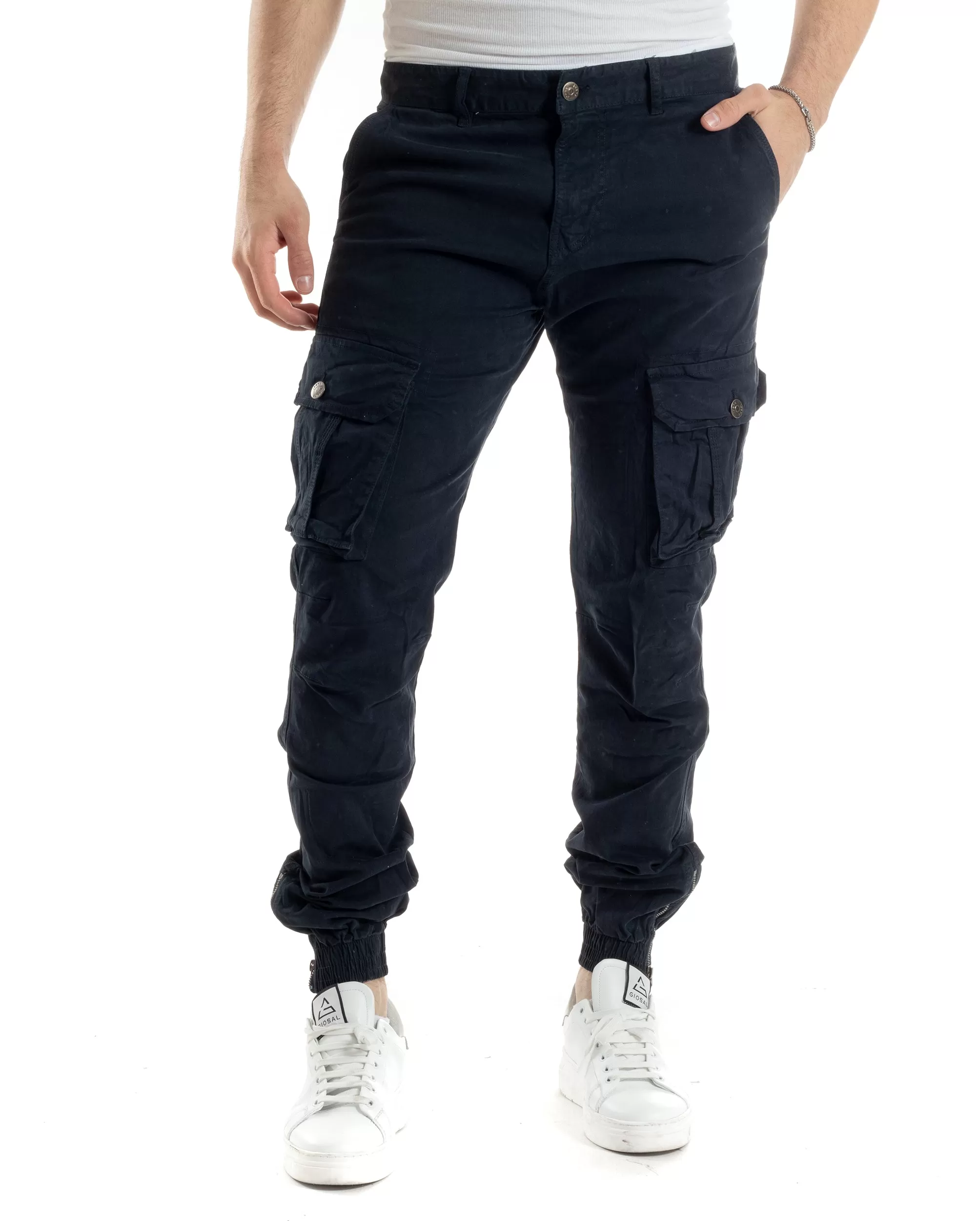 Pantaloni Uomo Cargo Con Tasconi E Zip Multitasche Elastico Al Fondo Blu GIOSAL-P6056A