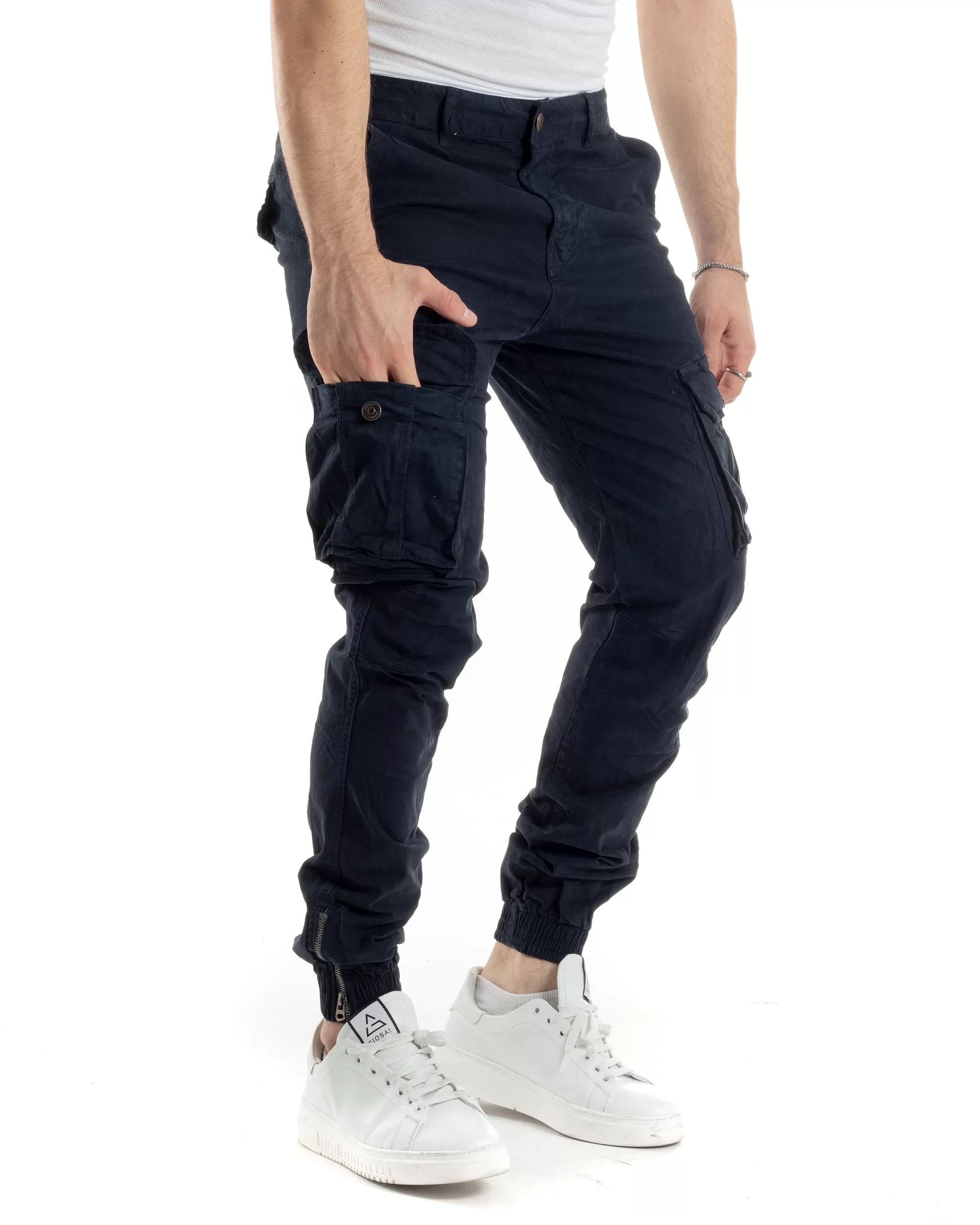 Pantaloni Uomo Cargo Con Tasconi E Zip Multitasche Elastico Al Fondo Blu GIOSAL-P6056A