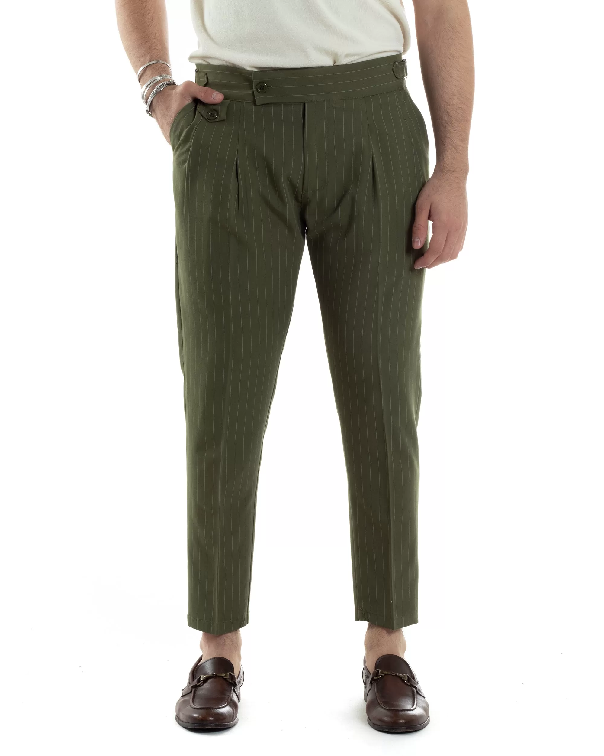 Pantaloni Uomo Classico Gessato Rigato Vita Alta Pinces Abbottonatura Allungata Fibbia Casual Verde GIOSAL-P6083A