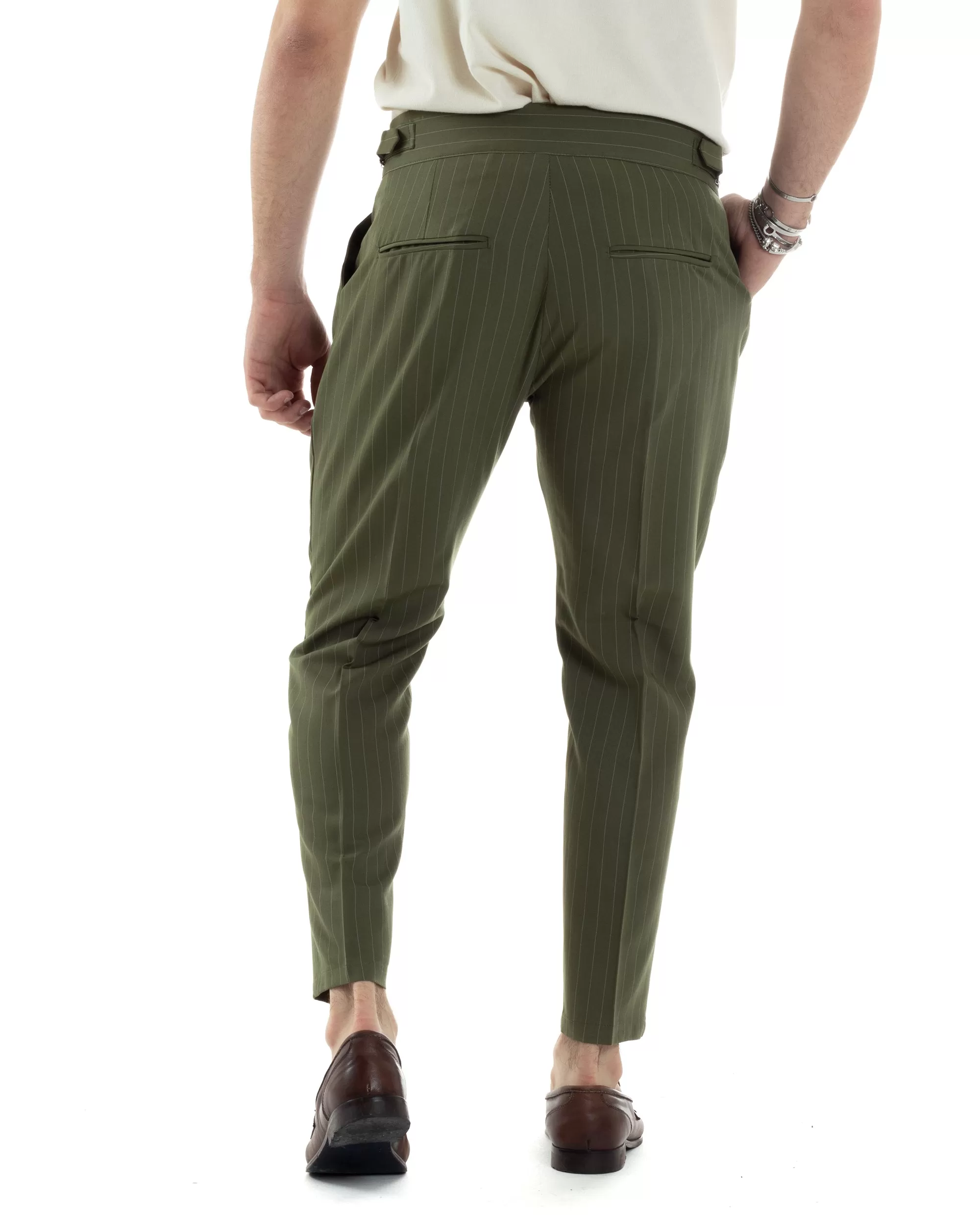 Pantaloni Uomo Classico Gessato Rigato Vita Alta Pinces Abbottonatura Allungata Fibbia Casual Verde GIOSAL-P6083A