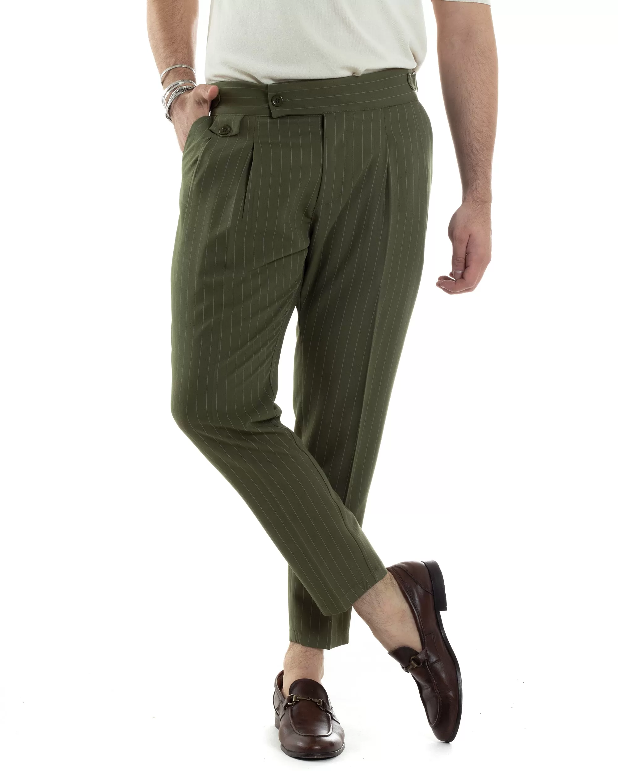 Pantaloni Uomo Classico Gessato Rigato Vita Alta Pinces Abbottonatura Allungata Fibbia Casual Verde GIOSAL-P6083A