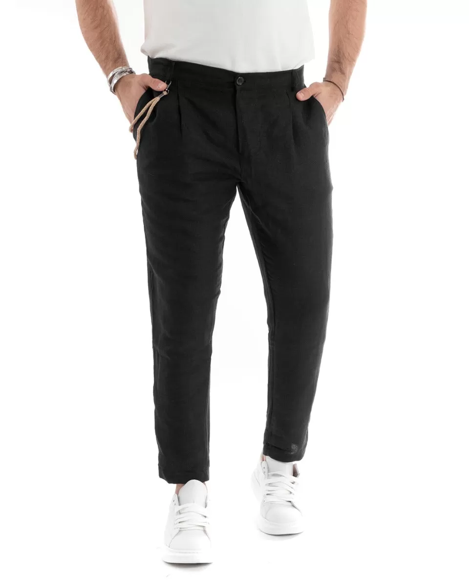 Pantaloni Uomo In Lino Tasca America Classico Sartoriale Comodo Casual Tinta Unita Nero GIOSAL-P5791A