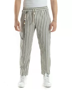 Pantaloni Uomo Pantalaccio Lino Jogger Elastico Sartoriale Casual Rigato Bicolore Bianco Verde GIOSAL-P6072A