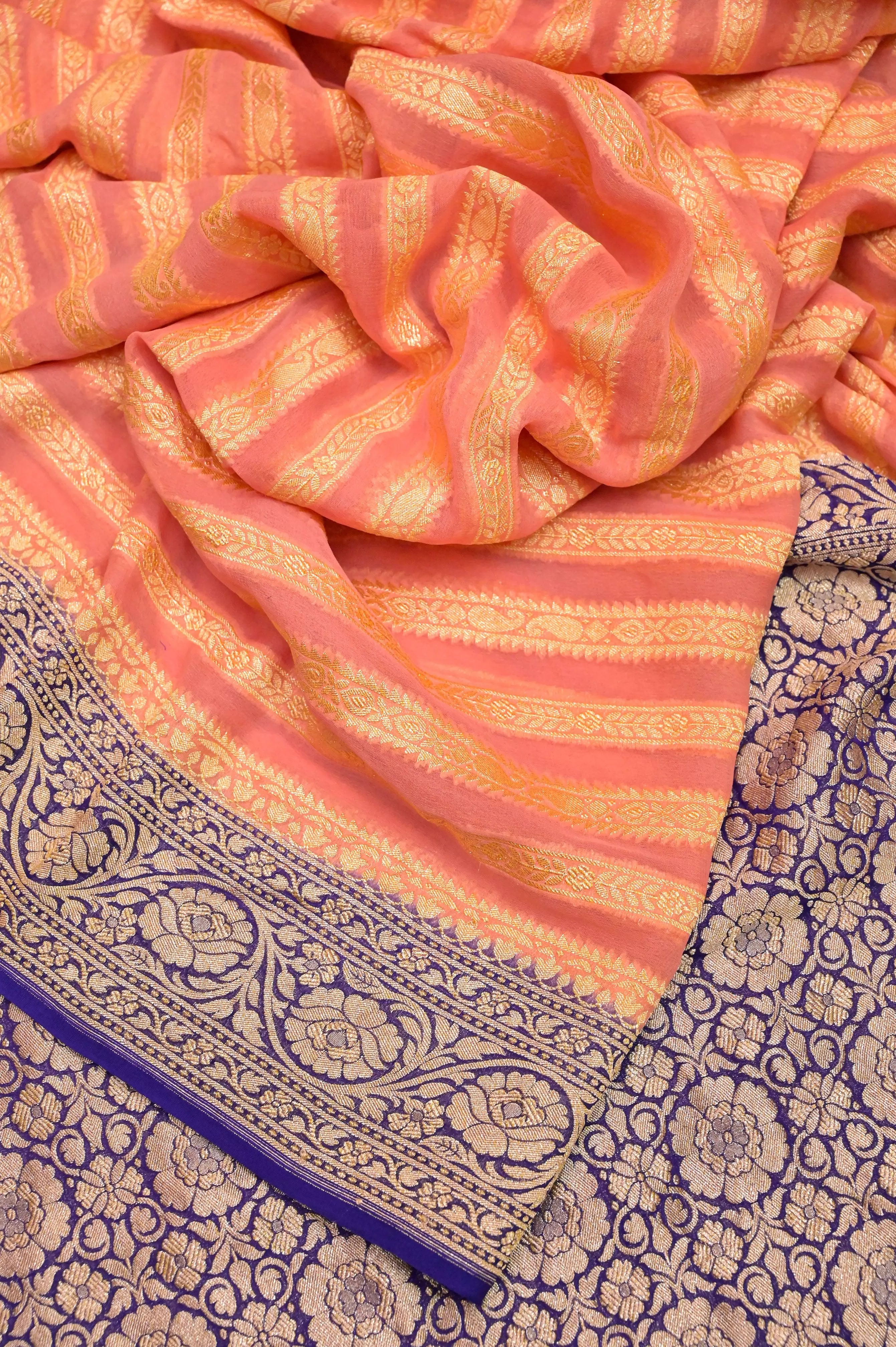 Peach Color Khaddi Georgette Banarasi Saree with Allover Work