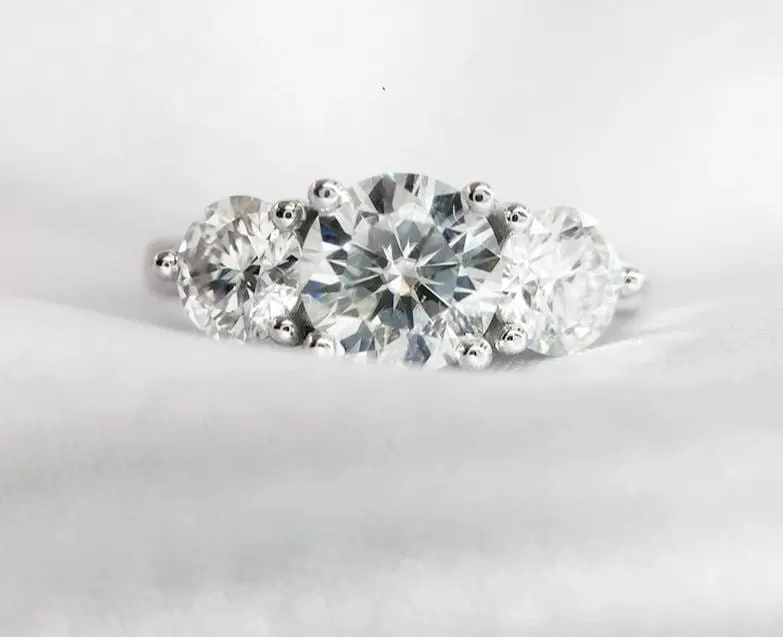 Platinum Plated Silver 3 Stone Moissanite Ring 2ct Total