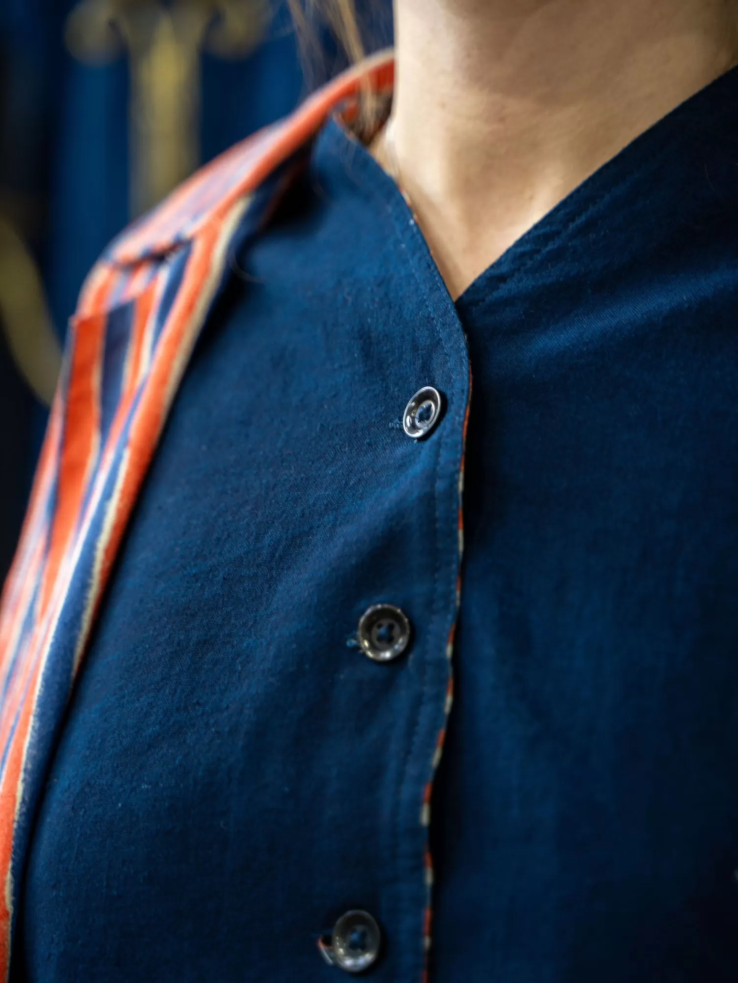 Reversible Waist Coat - Dark Indigo and Blue and Orange Waffle Print