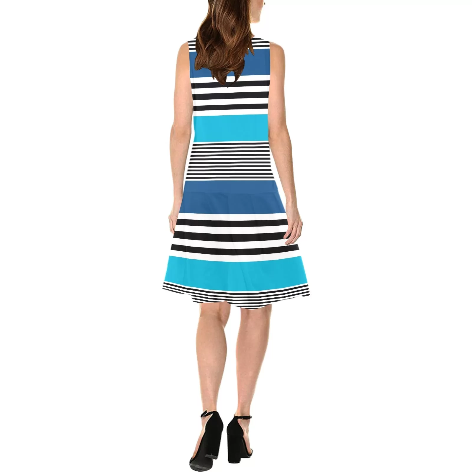 shades of blue bw stripe Sleeveless Splicing Shift Dress(Model D17)