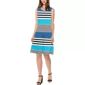 shades of blue bw stripe Sleeveless Splicing Shift Dress(Model D17)