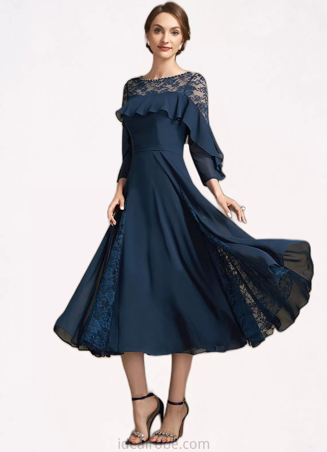 Skylar A-Line Scoop Neck Tea-Length Chiffon Lace Mother of the Bride Dress With Beading Cascading Ruffles STK126P0014952