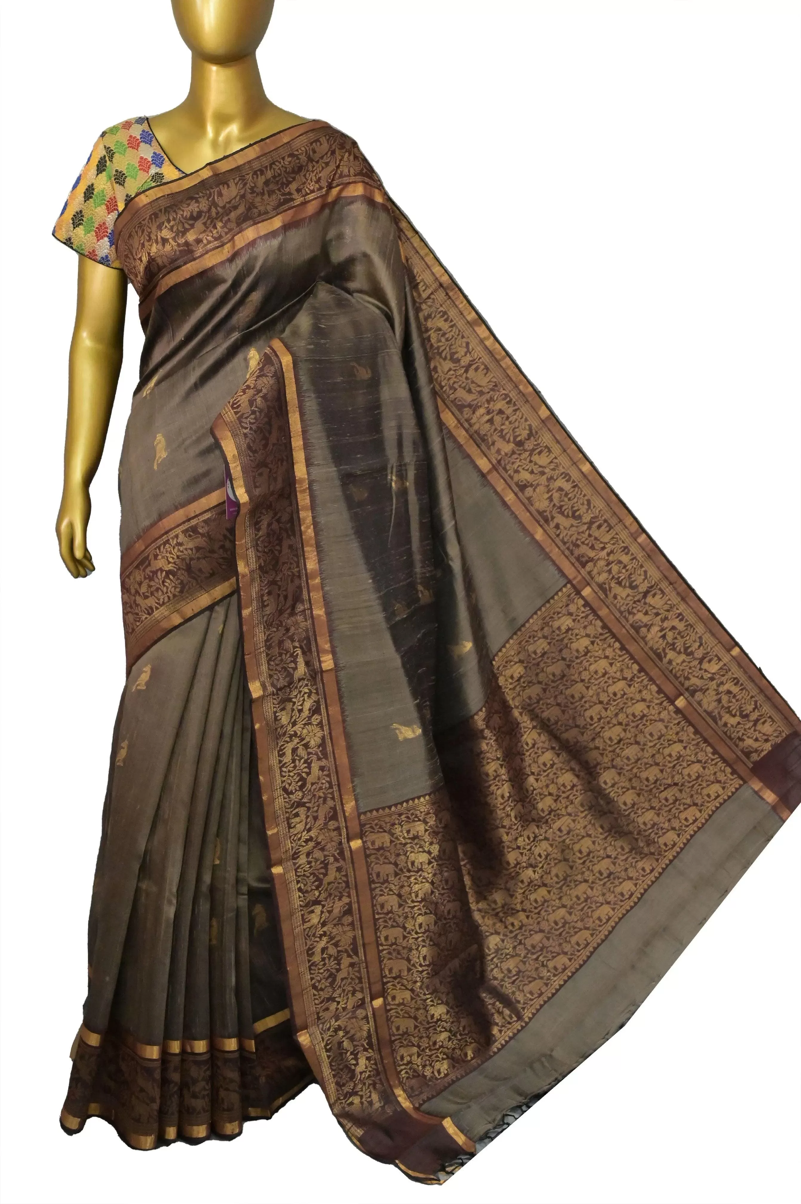 Snuff Brown Color Dupion Silk with Hand Woven Border and Jala Pallu