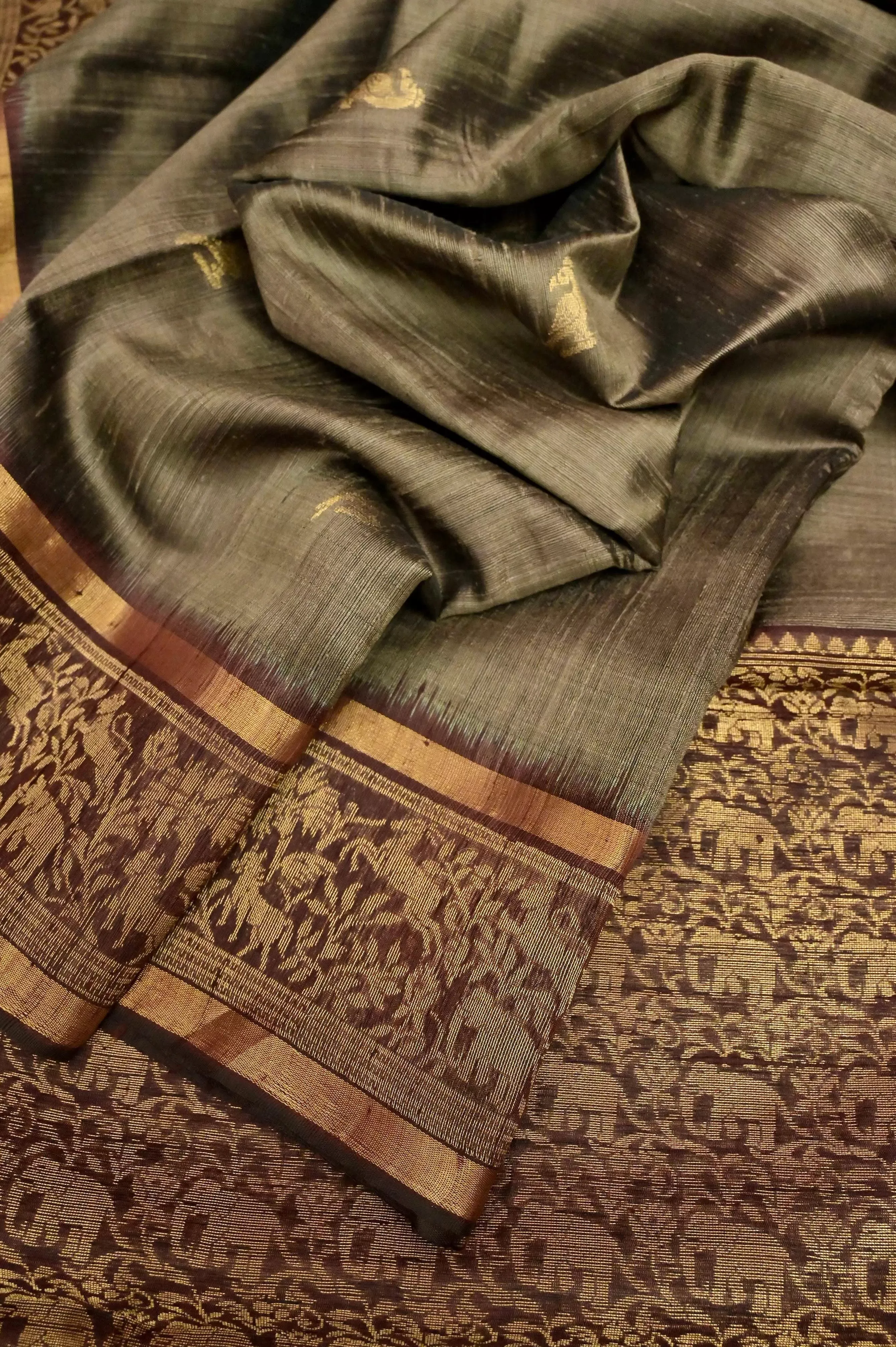 Snuff Brown Color Dupion Silk with Hand Woven Border and Jala Pallu