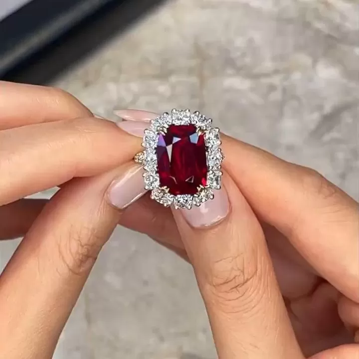 Sparkling Halo Ruby Cushion Cut Party & Engagement Ring