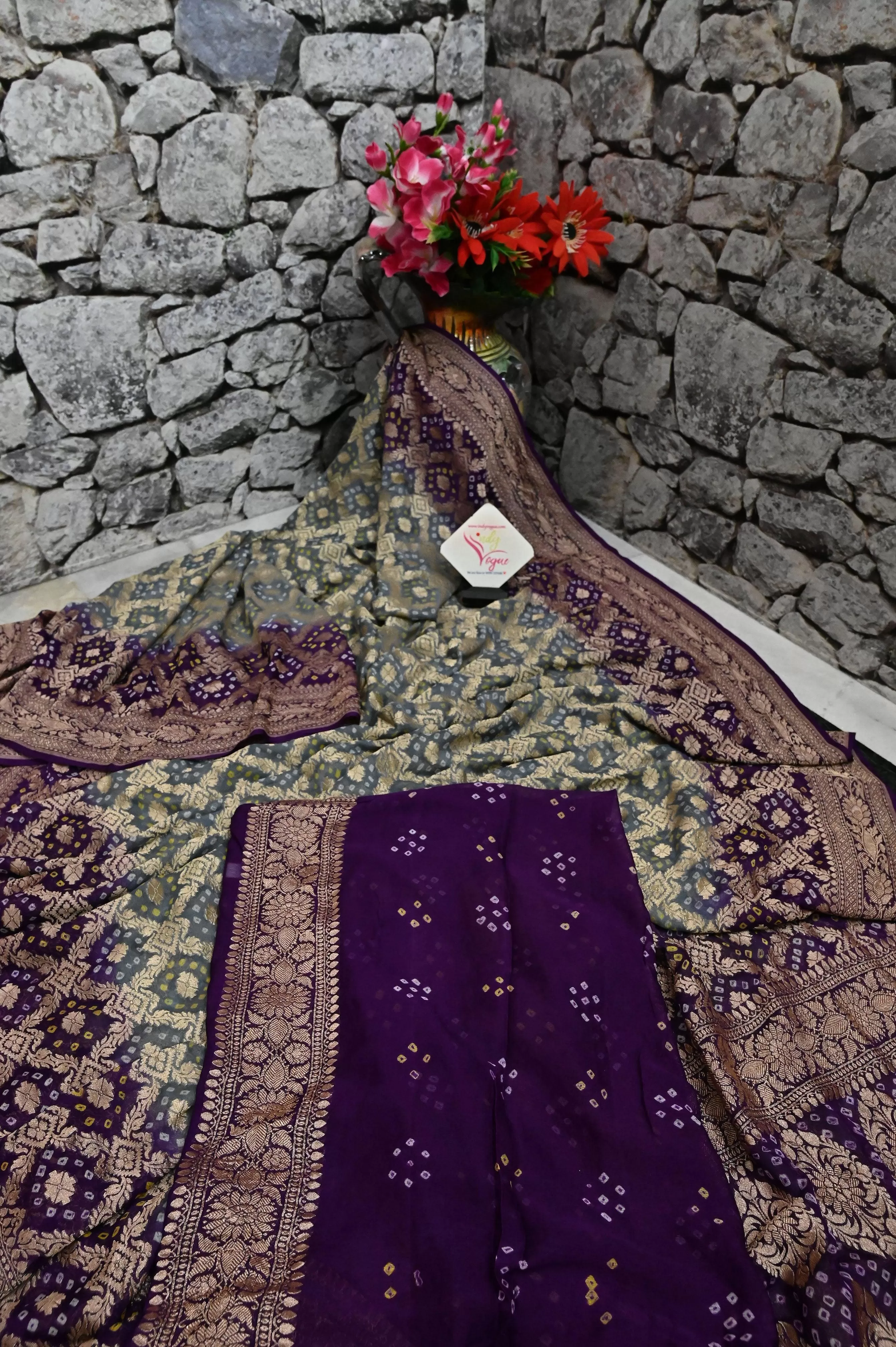 Steel Grey and Purple Color Khaddi Georgette Banarasi Saree with Hand Bandhani Work and Water Zari Work