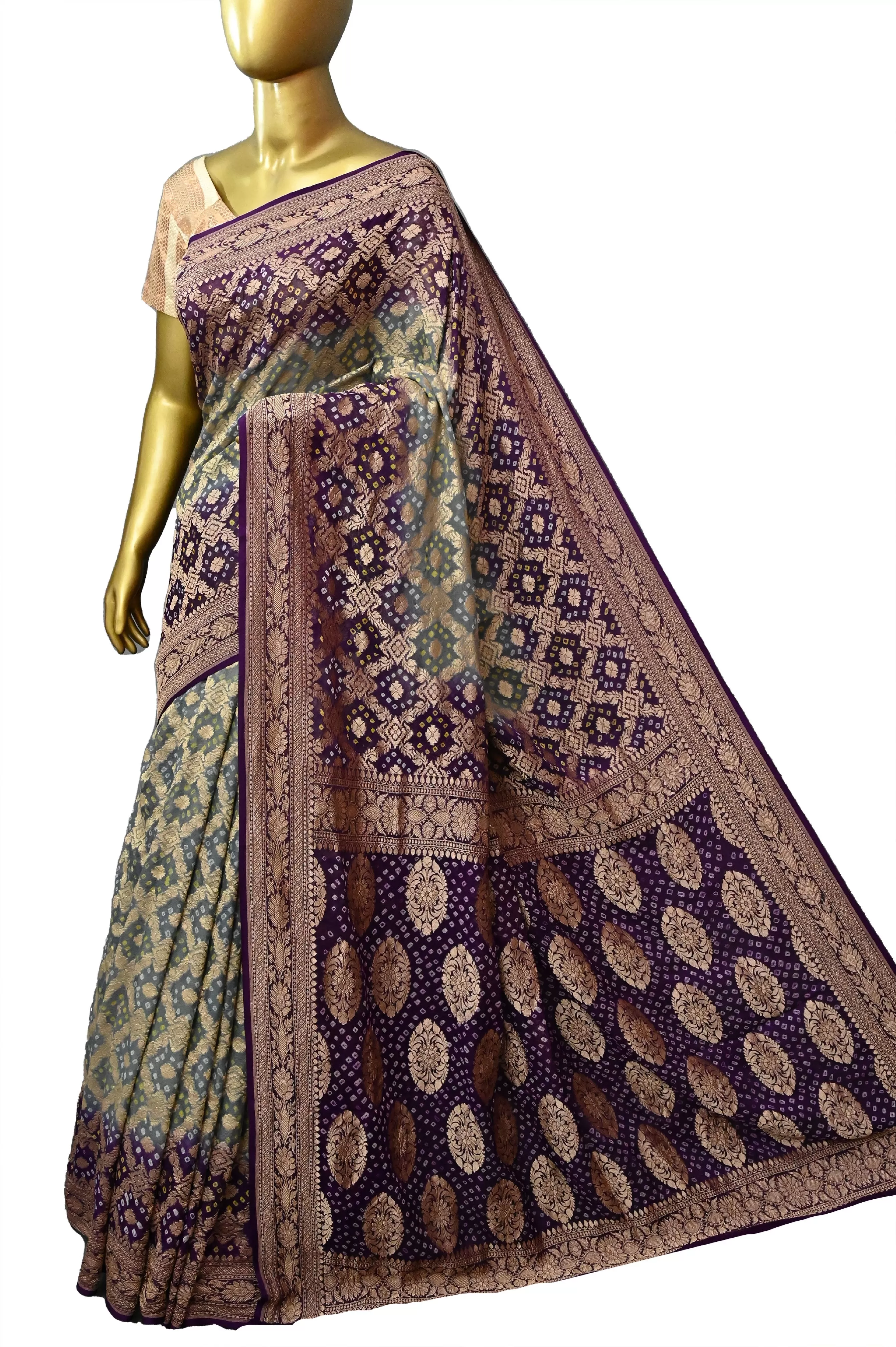 Steel Grey and Purple Color Khaddi Georgette Banarasi Saree with Hand Bandhani Work and Water Zari Work