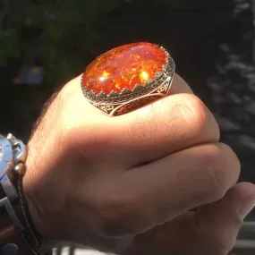 STERLING SILVER AMBER MEN'S RING UNIQUE EXTRAORDINARY STATEMENT JEWELRY 925 HEAVY