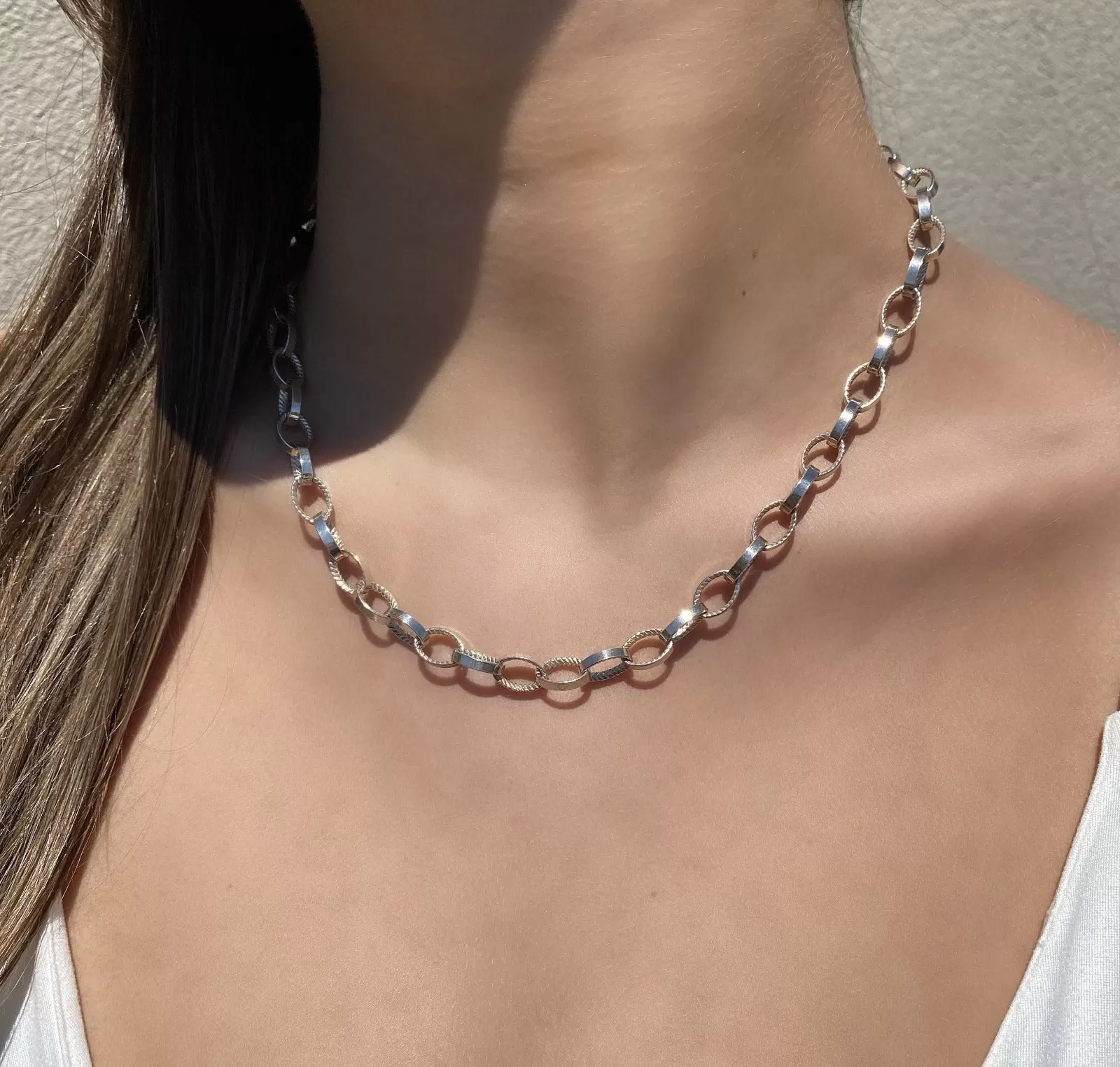 Sterling Silver - Braided Texture Oval Link Necklace